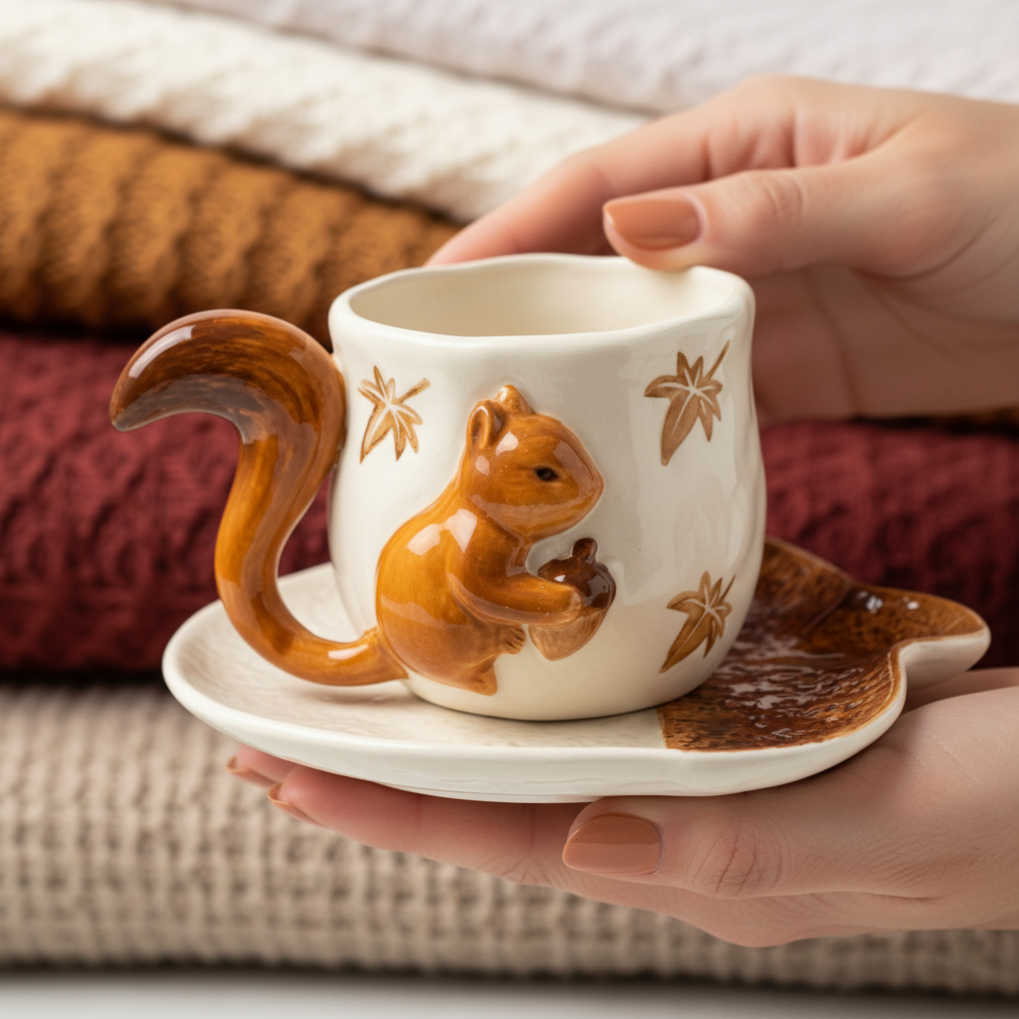 Mug Écureuil en Céramique – Poignée Queue 3D, Style Bois & Cosy Tunisie