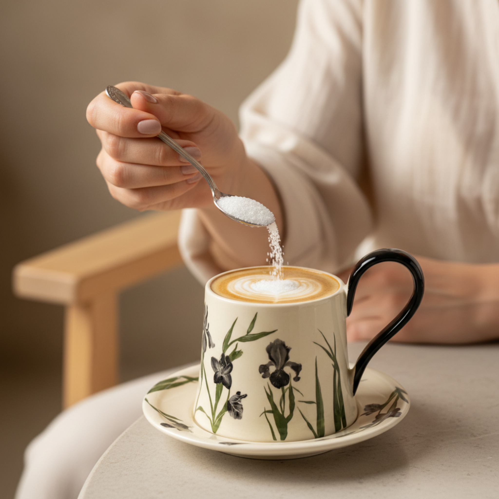 Mug Iris Noir en Céramique avec Sous-Tasse – Élégance Moderne