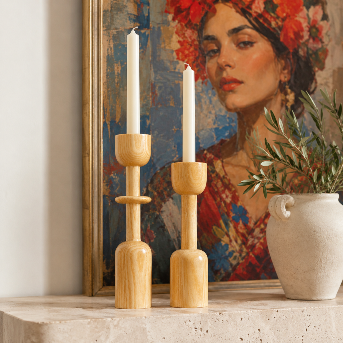 Lot 2 Bougeoirs Bois Tunisie | Porte-Bougies Clair Artisanal | Fiolla Home