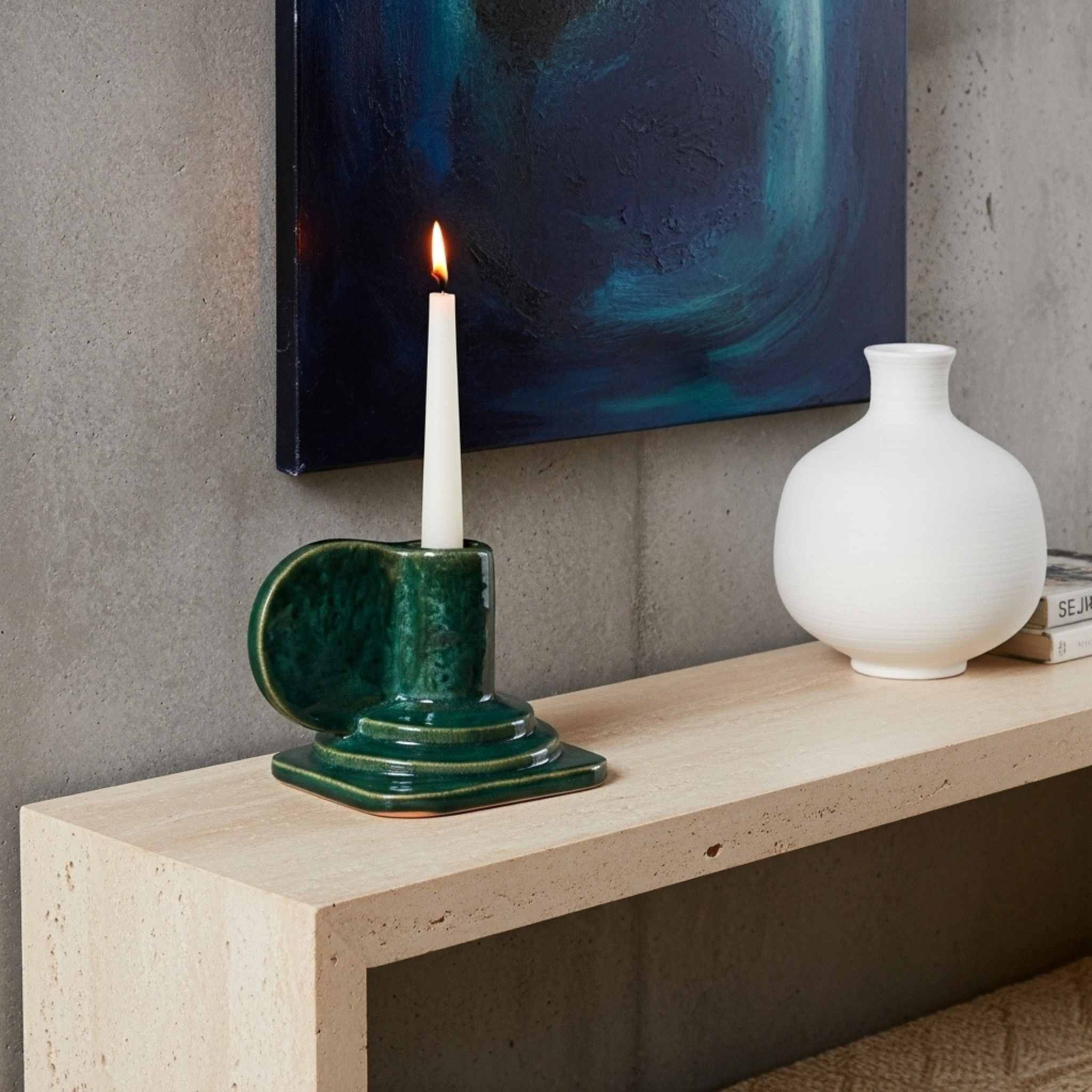 Porte-Bougie à Anse en Céramique – Vert Émaillé