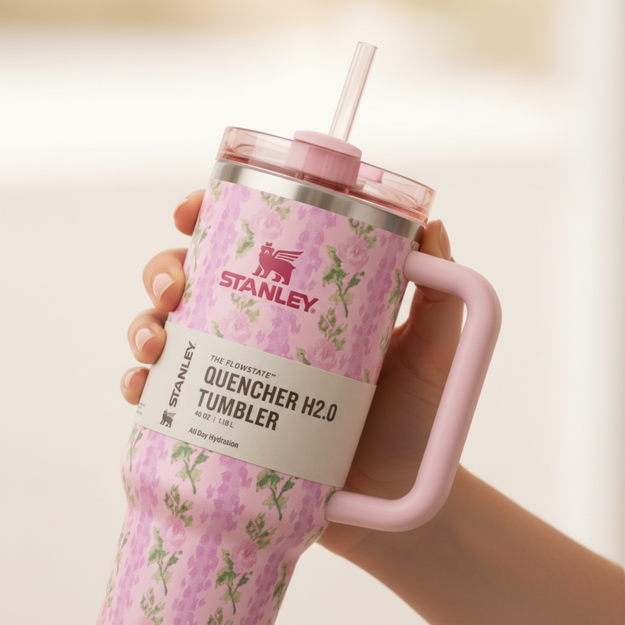 Gobelet Isotherme XXL avec Paille & Poignée - Motif Floral Rose