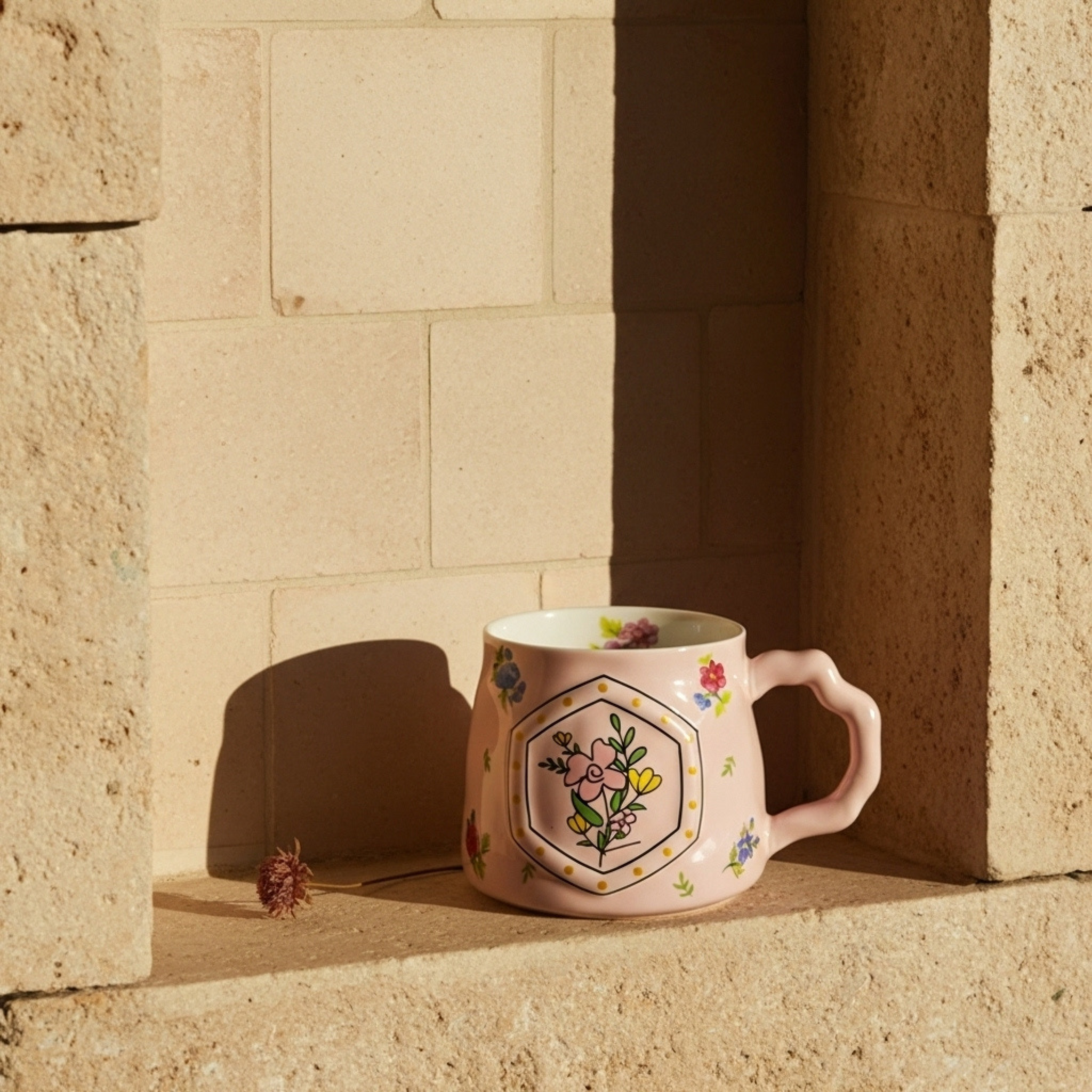 Mug Céramique Fleurie – Anse Sculptée, Minimal | Fiolla Home