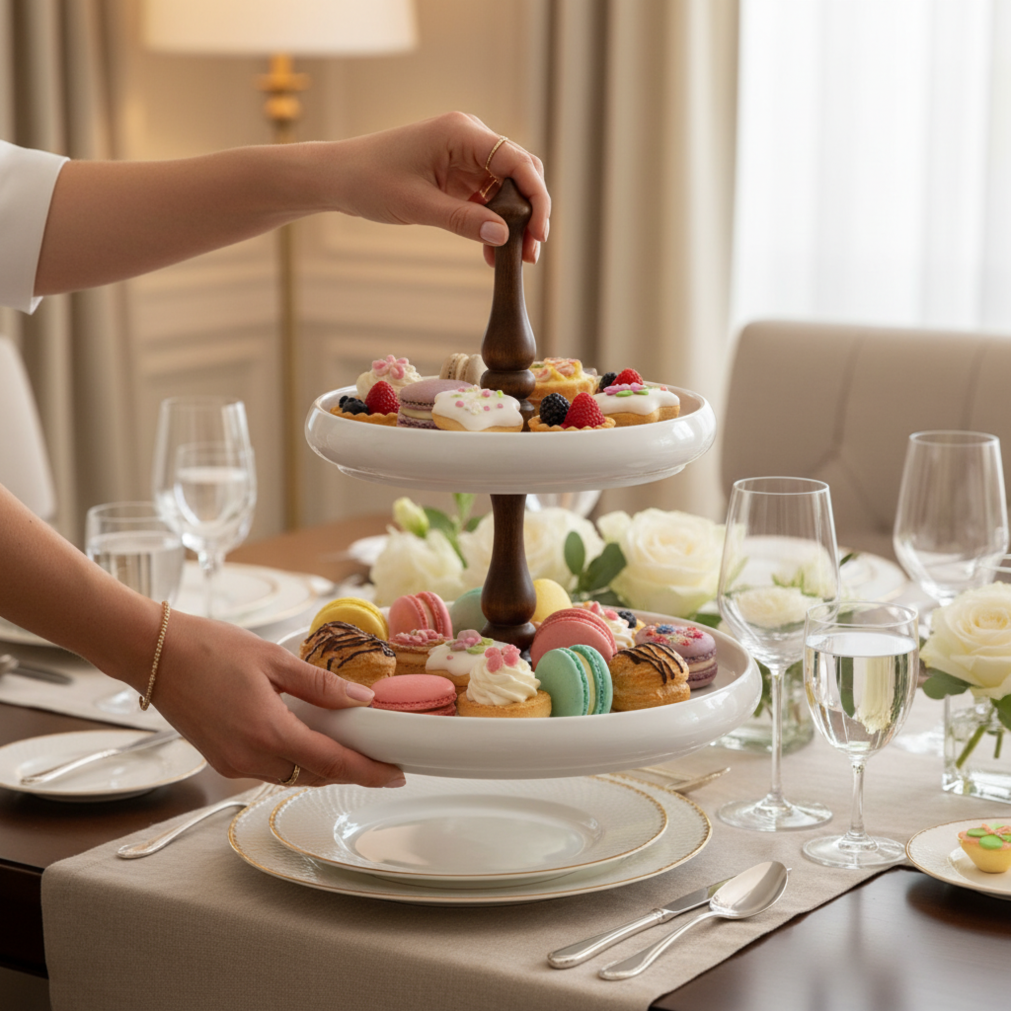 Serviteur 2 Étages Design en Céramique & Bois – Présentoir Chic