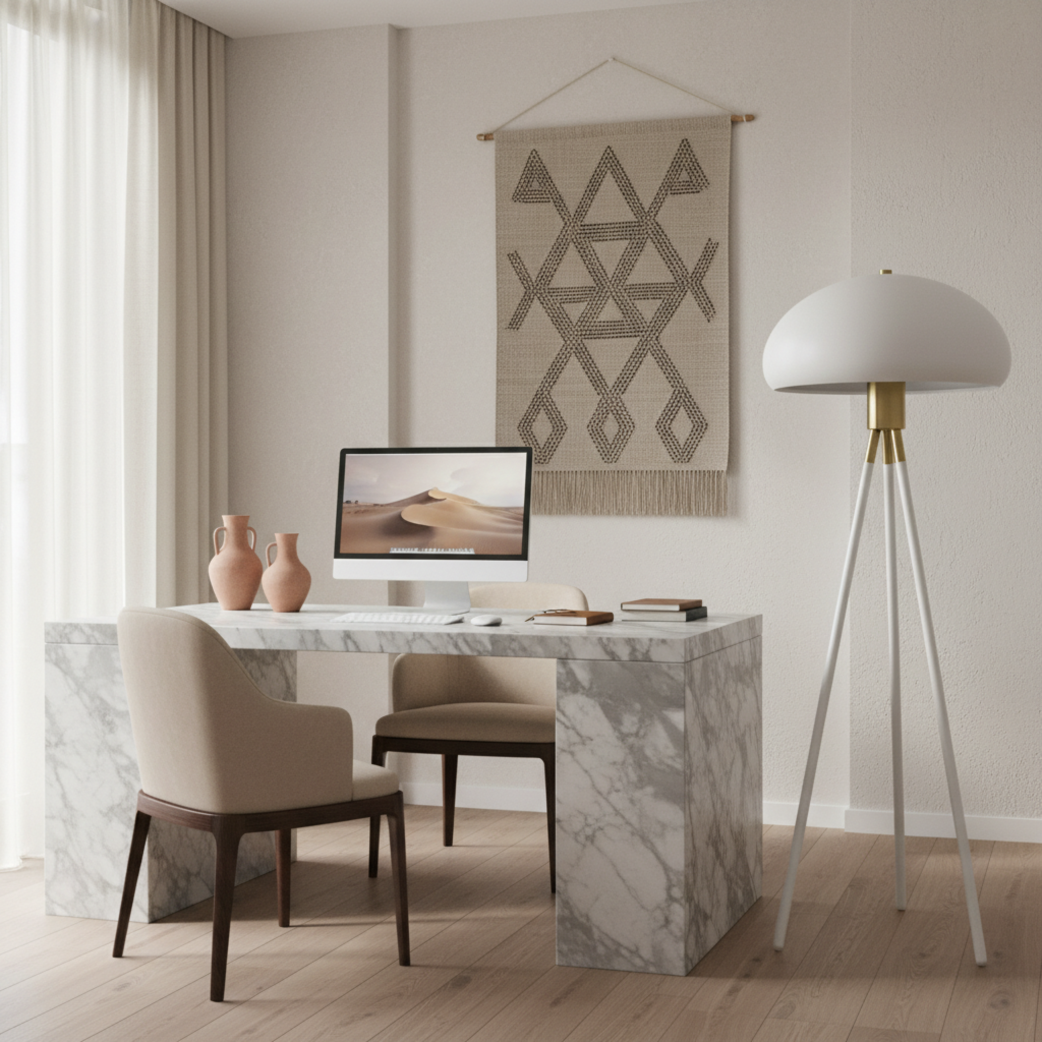 Lampadaire Trépied Design Blanc & Doré – Éclairage Scandi-Chic Tunisie