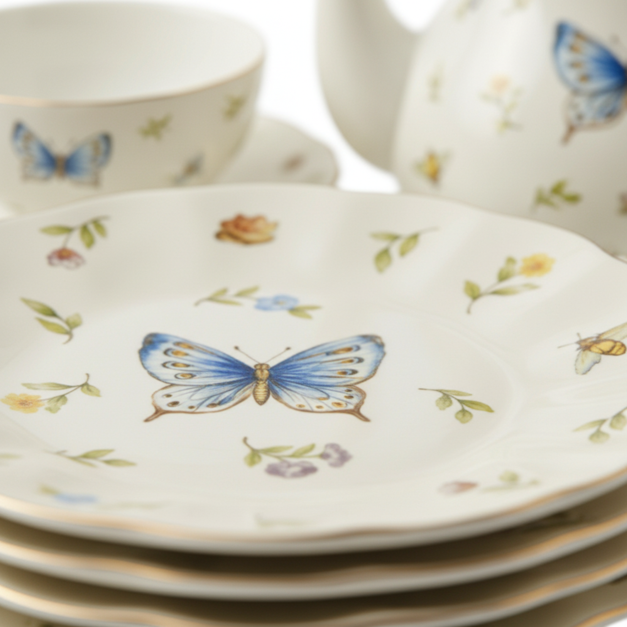 Service Petit Déjeuner Complet 29 Pièces - Porcelaine Motif Papillon