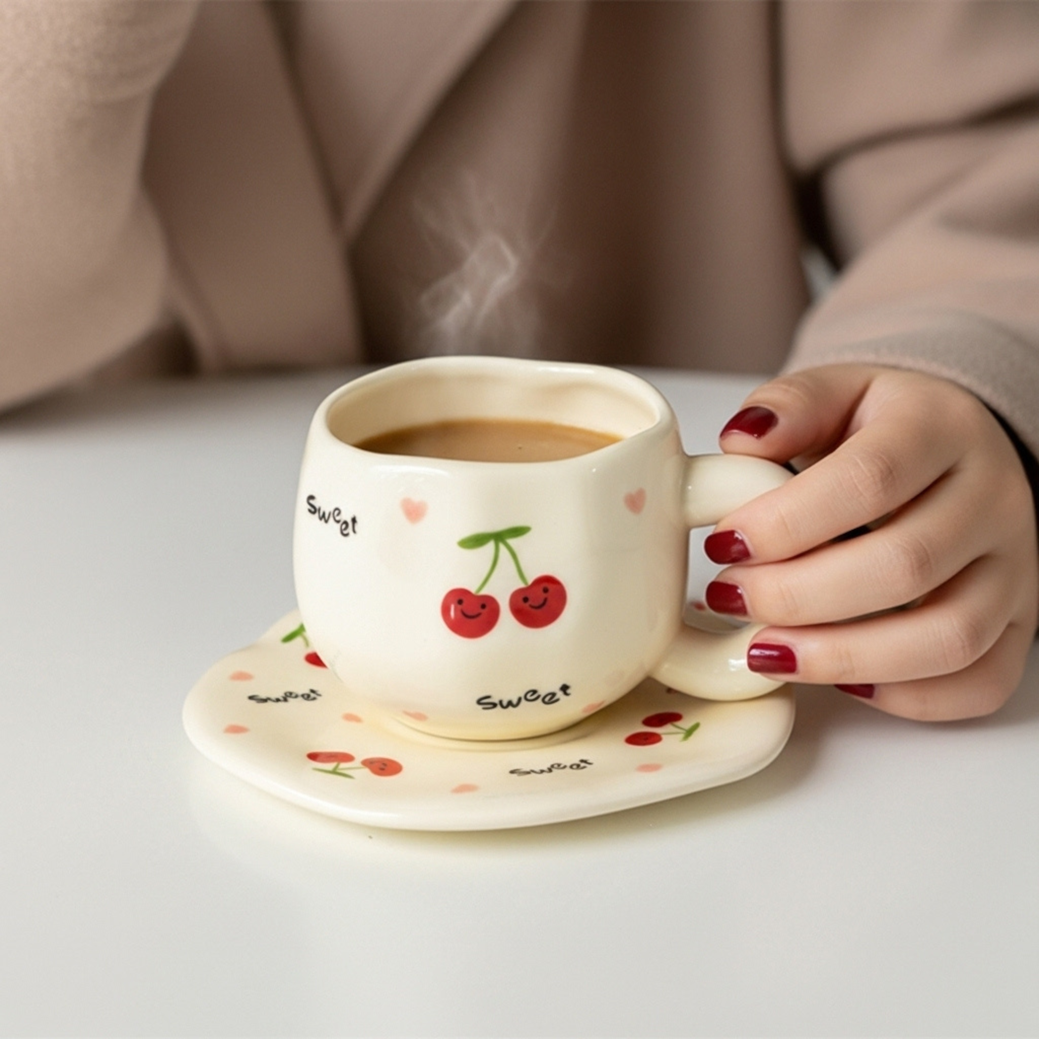 Mug Cerises Kawaii – Set Tasse & Sous-Tasse pour Café