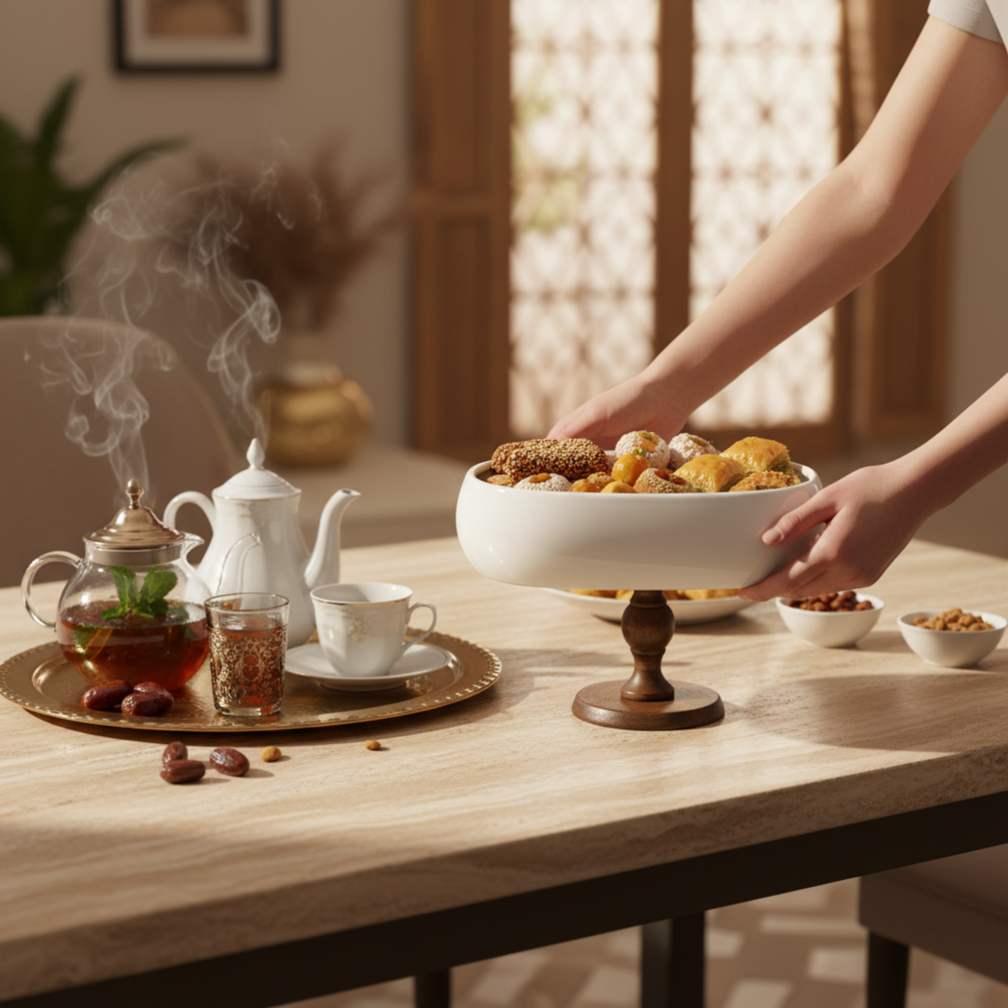 Coupe sur Pied Design – Présentoir Ovale Céramique Blanche & Bois