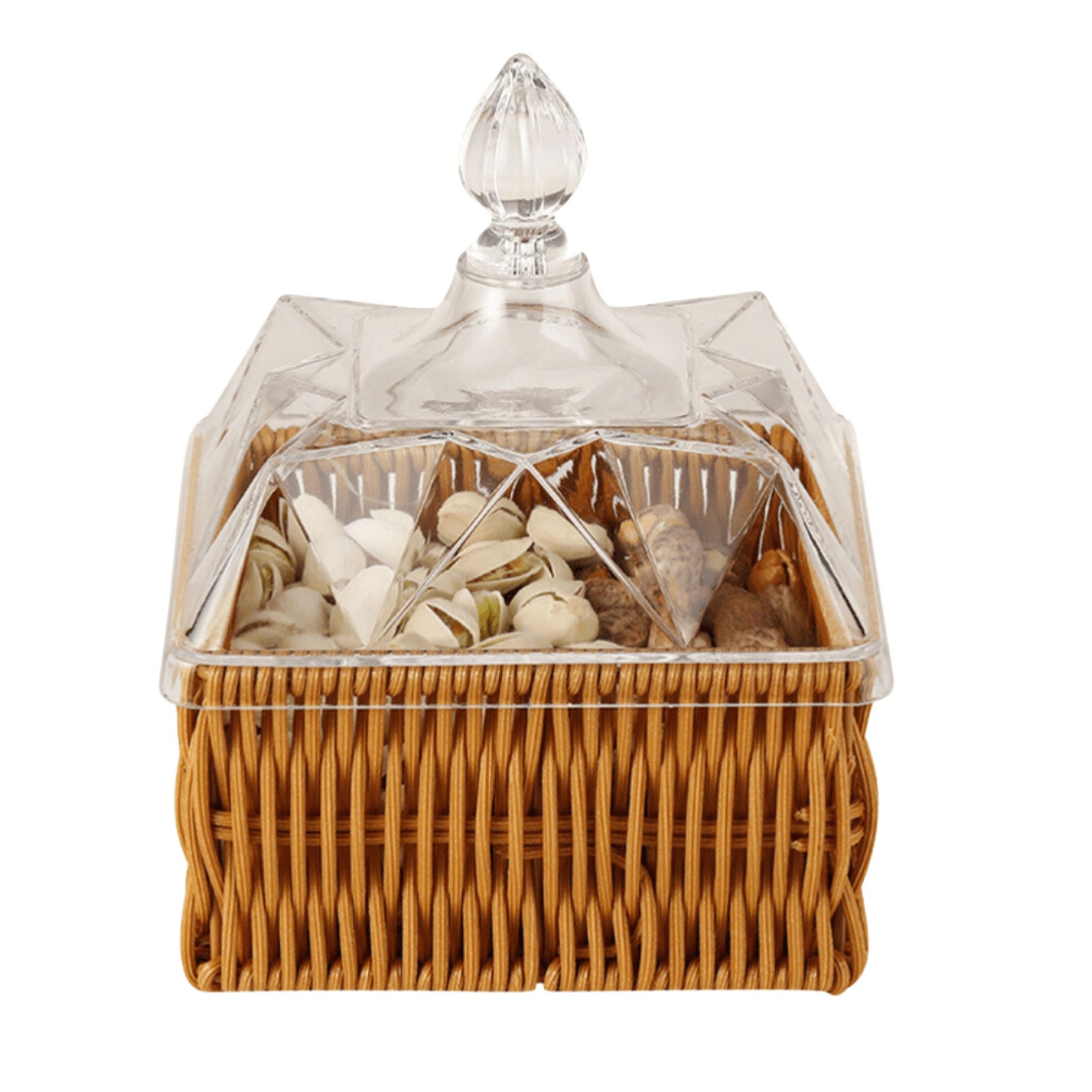 Boîte de rangement en osier avec couvercle transparent, idéale pour conserver des fruits secs et des bonbons, disponible chez Fiolla Home.