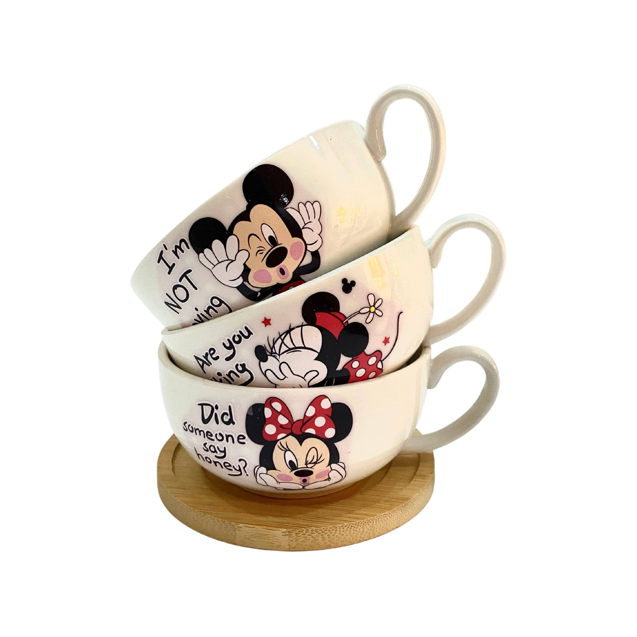 mug disney café au lait avec sous-tasse en bois et cuillère dorée