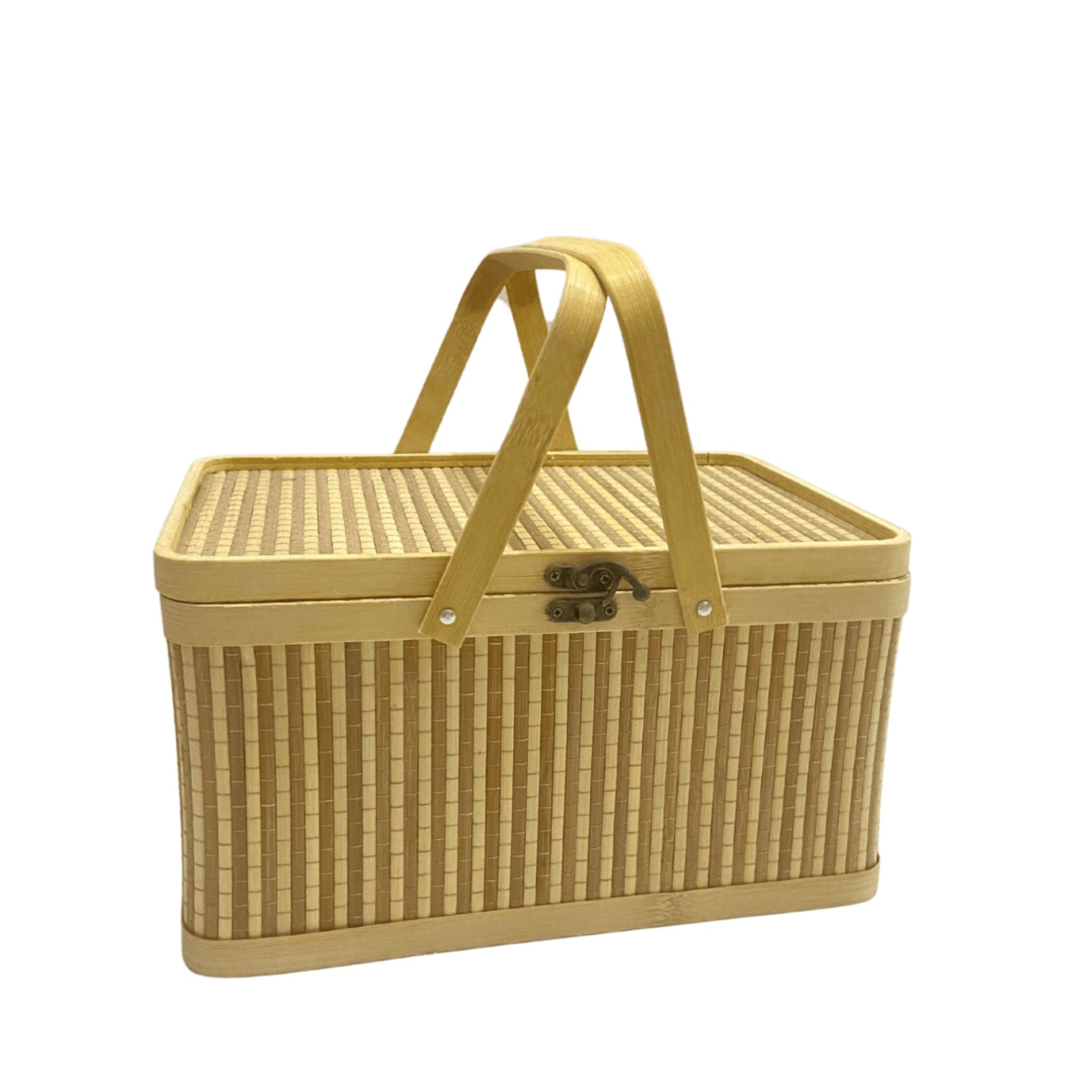 Petit panier à pique-nique avec une poignée rayée, pratique pour vos sorties et pour garder vos aliments bien organisés.