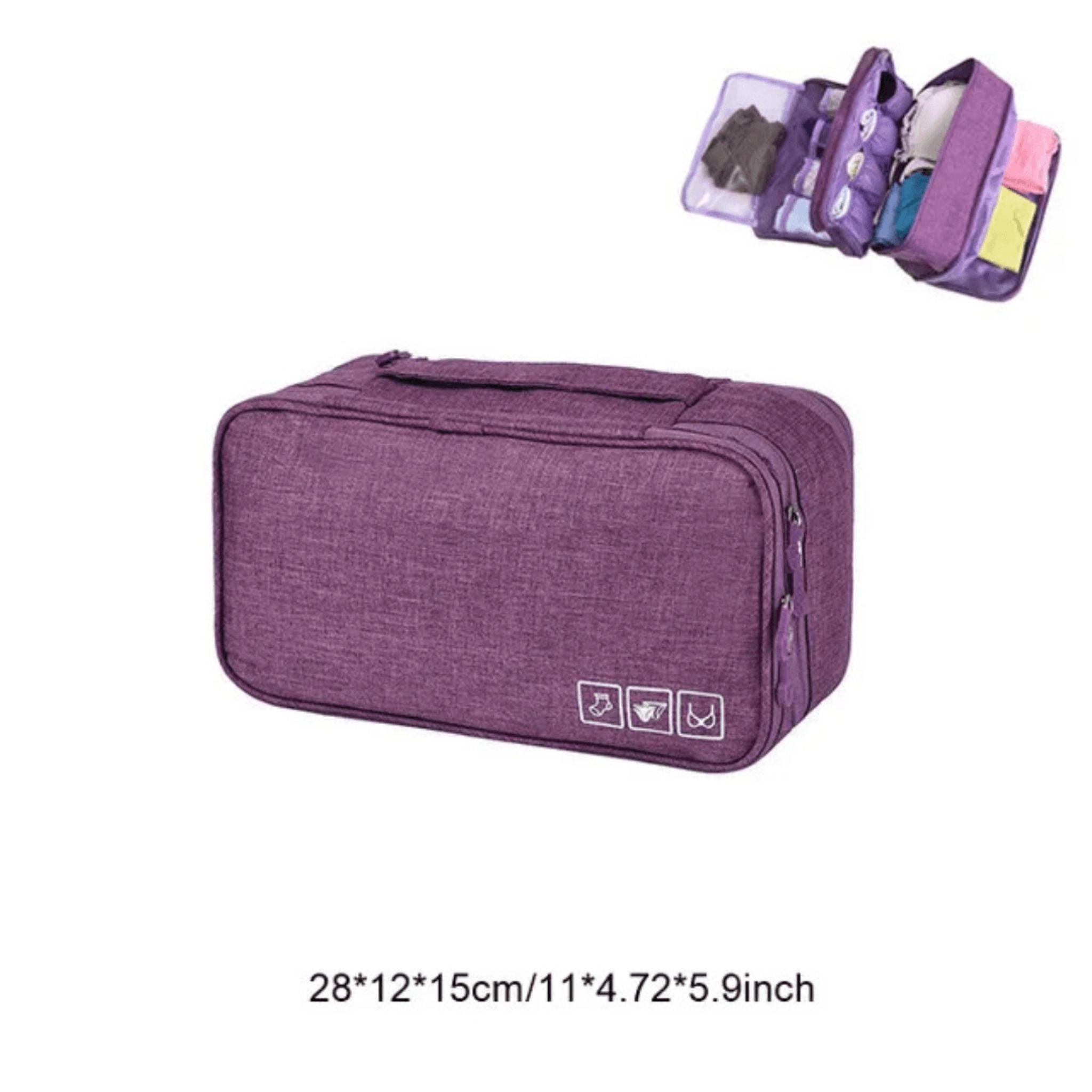 Sac de rangement violet avec une capacité de 28x12x15 cm, parfait pour organiser et transporter des vêtements. Comprend plusieurs compartiments et une poignée robuste pour une utilisation pratique en voyage.