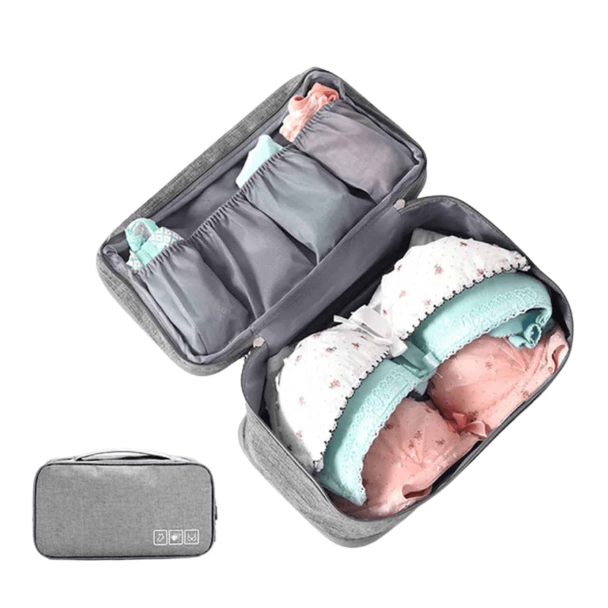 Sac de rangement compact et portable, idéal pour organiser des vêtements tels que des soutiens-gorge, avec des compartiments séparés pour une meilleure organisation.