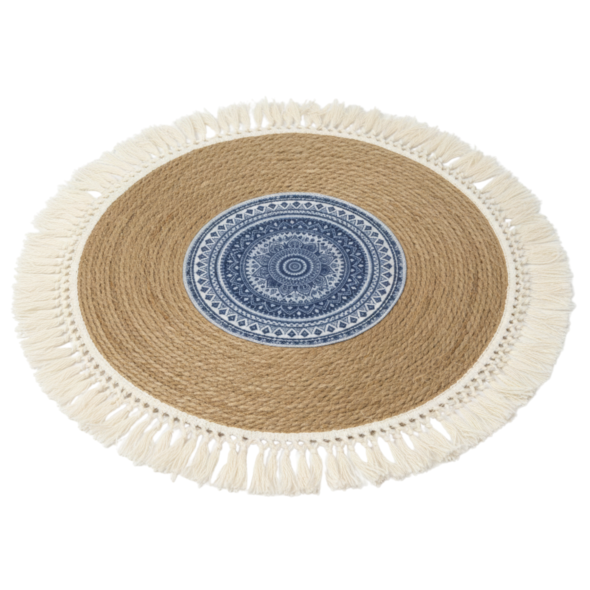 Tapis rond jute mandala bleu à franges | Tunisie | Fiolla Home