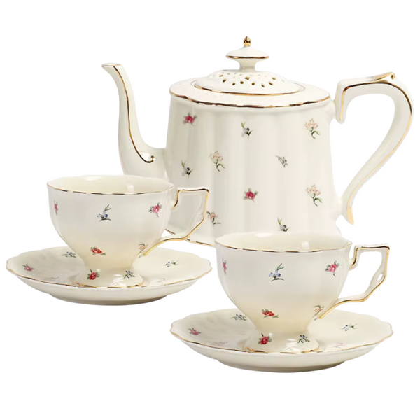 Service à Thé/Café au Lait – Porcelaine Fleurie Bord Doré | Fiolla Home Tunisie