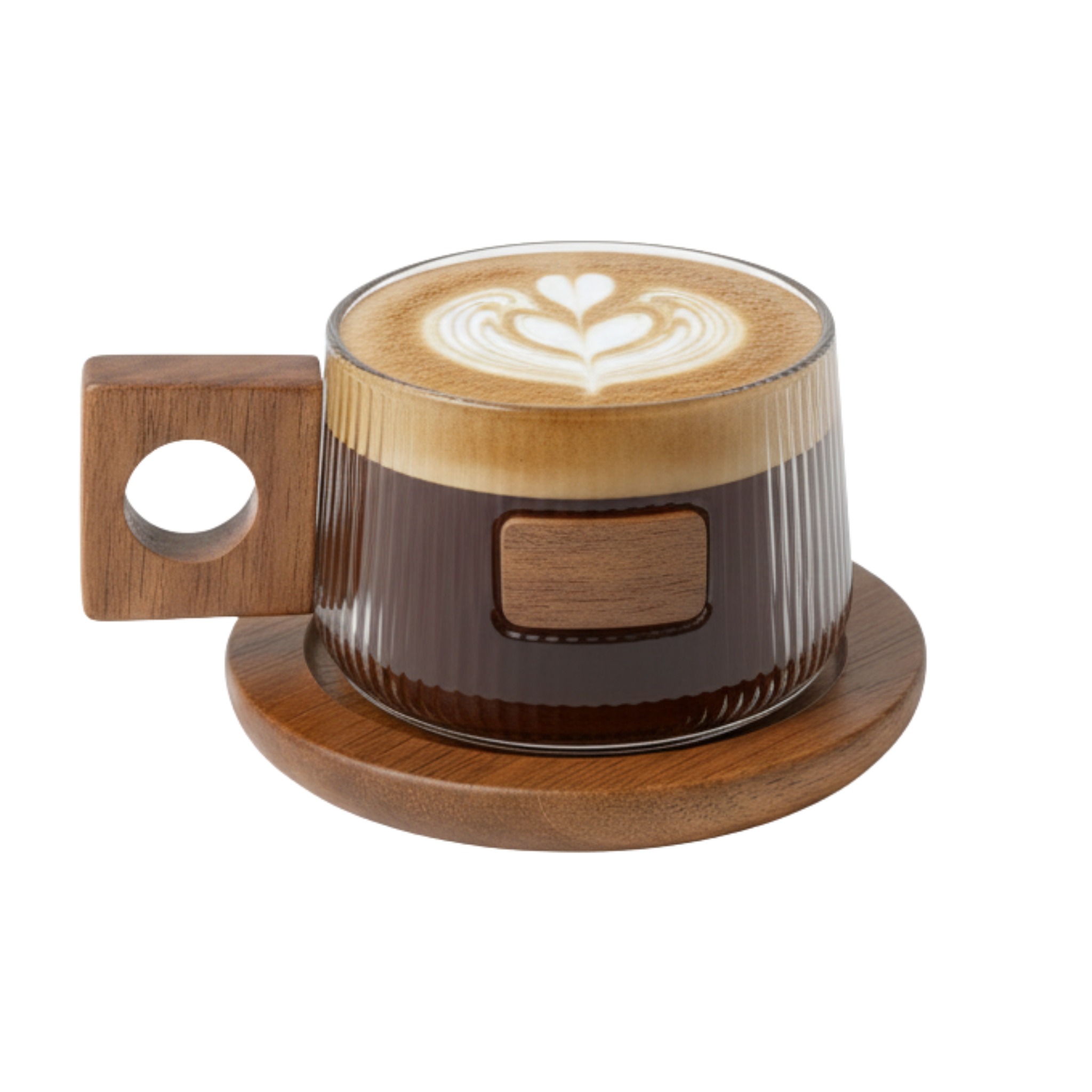 Tasse en verre nervuré avec anse bois & soucoupe – Style moderne