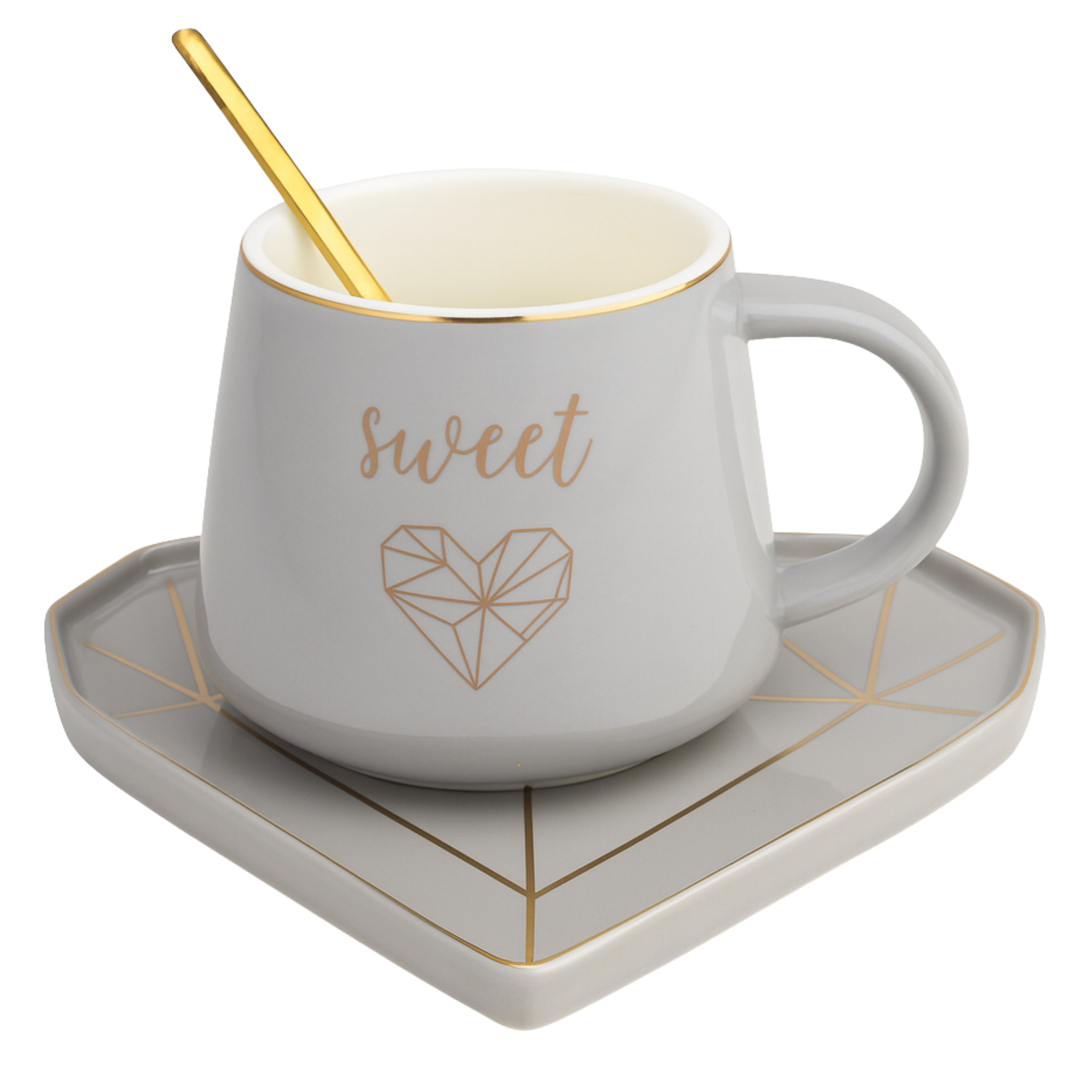 Mug Sweet en Céramique – Avec Cuillère et Sous-Tasse Dorée