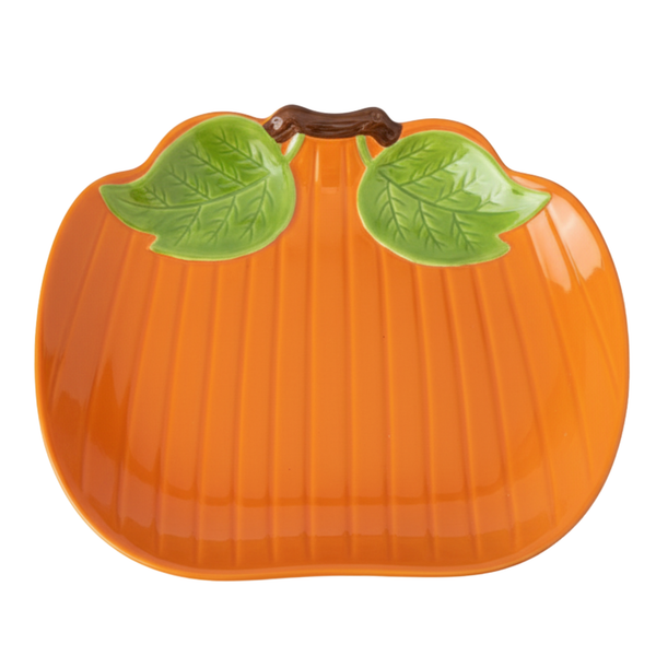Assiette Citrouille en Céramique – Feuilles Vertes