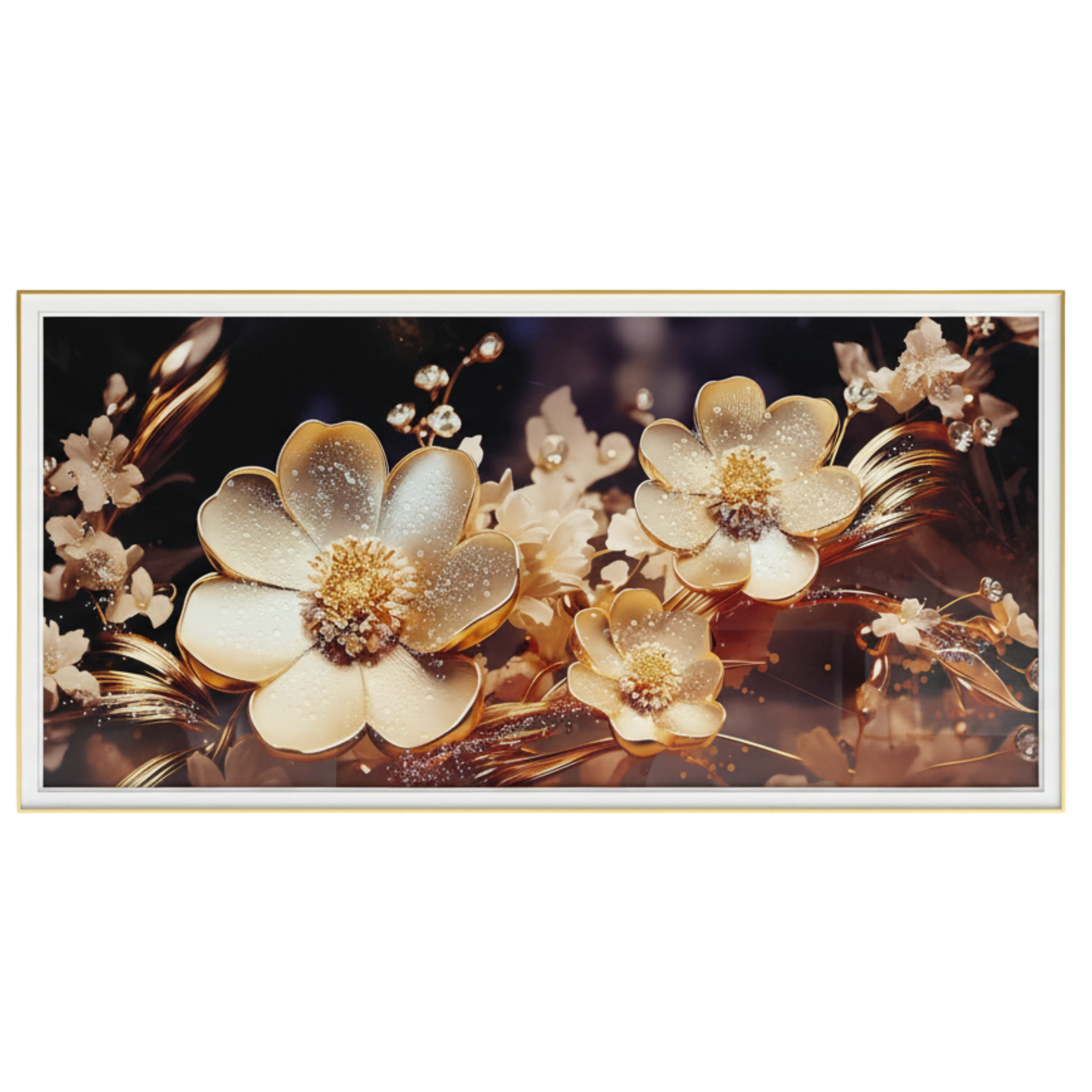 Tableau Fleurs Dorées sur Fond Noir – Élégance Luxueuse Murale – Fiolla Home