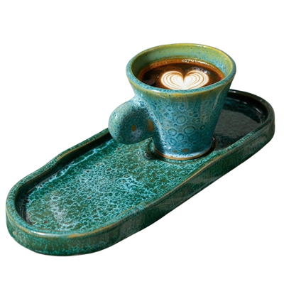 Set espresso en céramique – tasse + plateau, émail vert