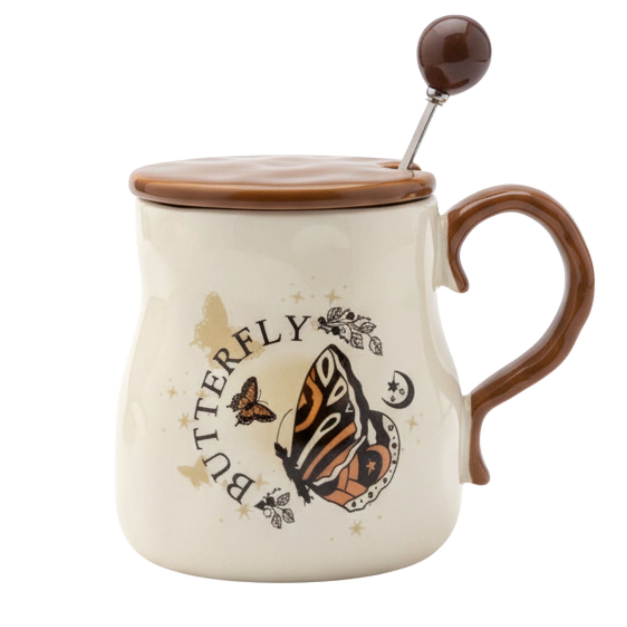 Mug Butterfly Bohème – Céramique Crème, Couvercle Caramel