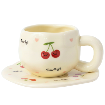 Mug Cerises Kawaii – Set Tasse & Sous-Tasse pour Café