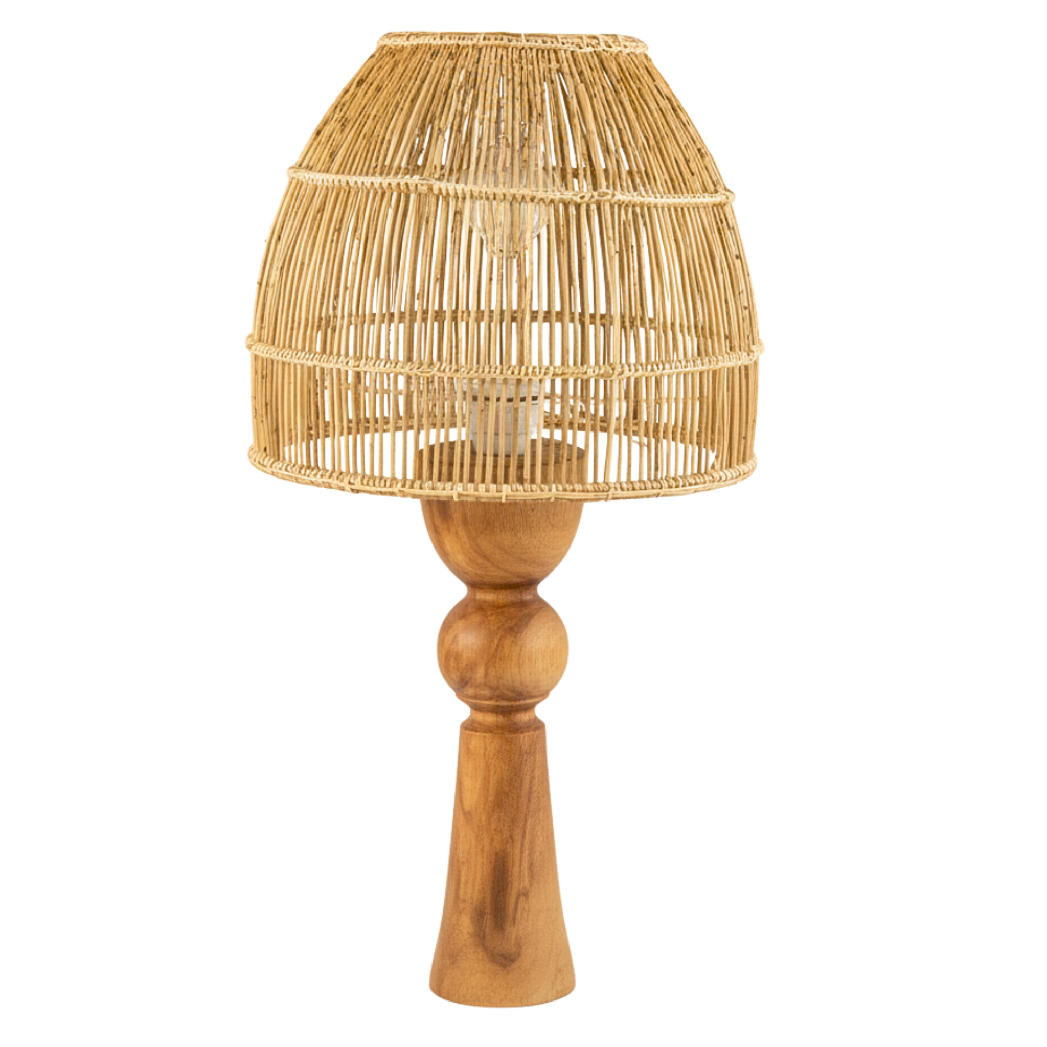 Lampe de table artisanale – base en bois d’olivier & abat-jour en fibres de palmier