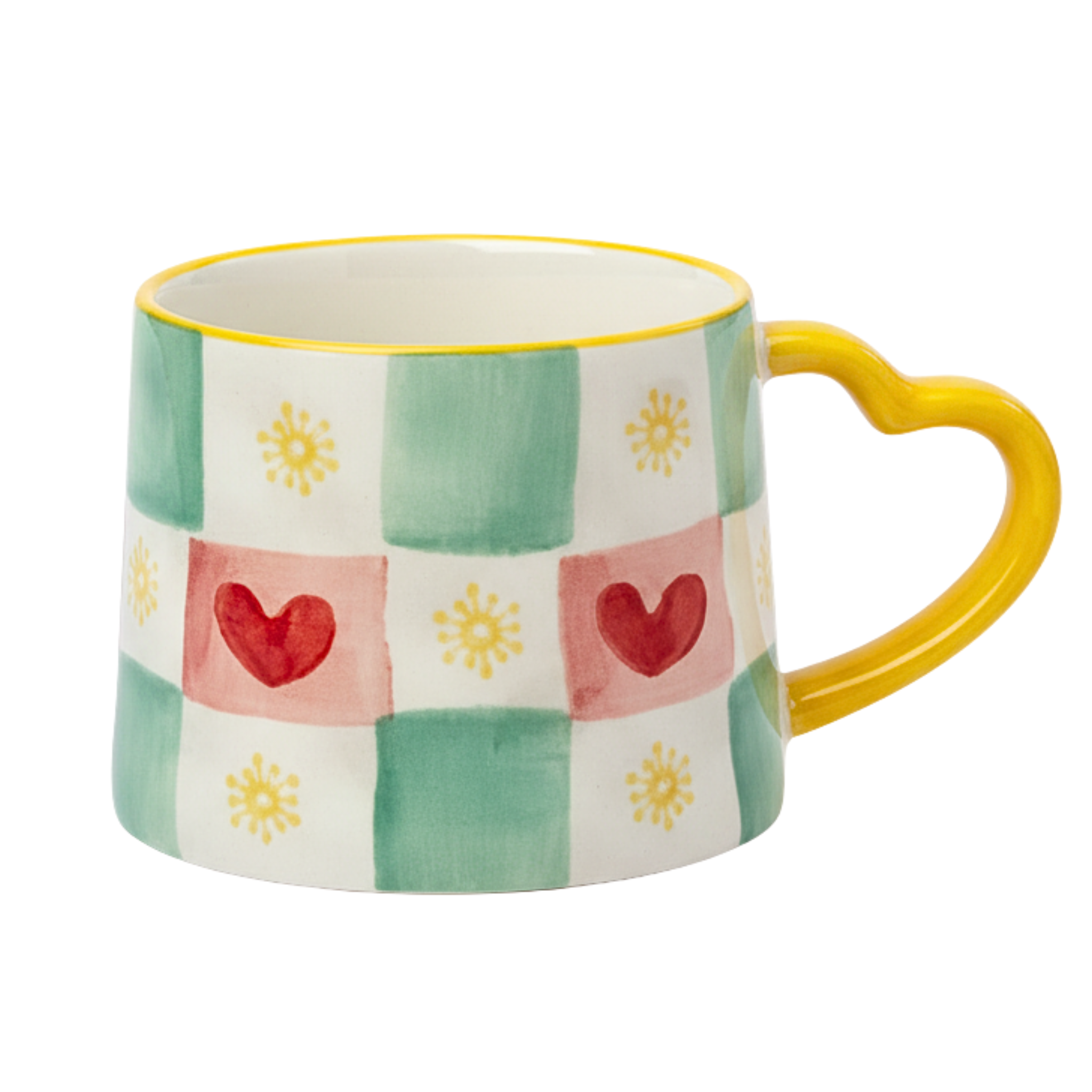 Mug Damier Vert et Cœurs | Anse Jaune en Forme de Cœur
