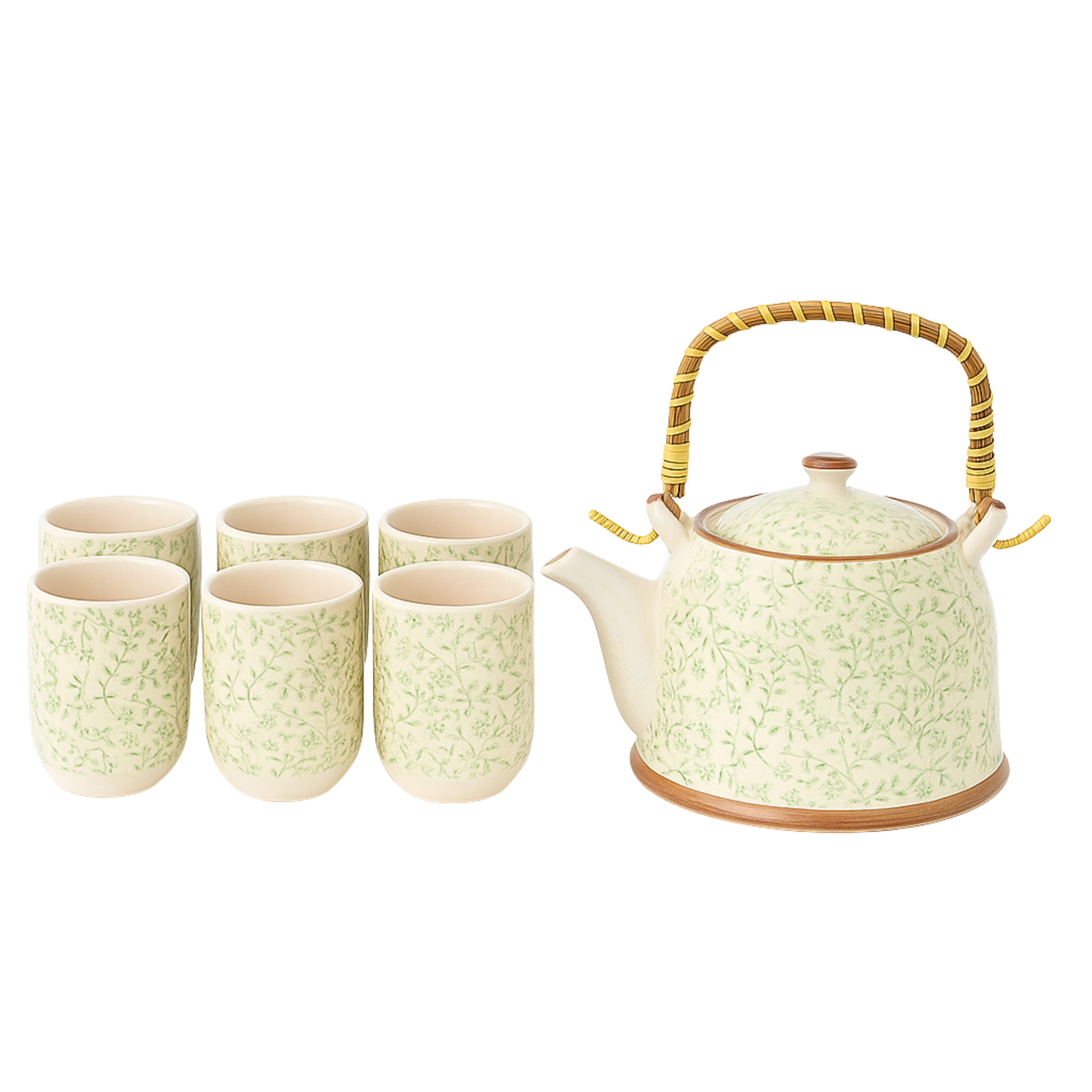 Service à Thé Crème Feuillage Vert – Céramique 7 pièces