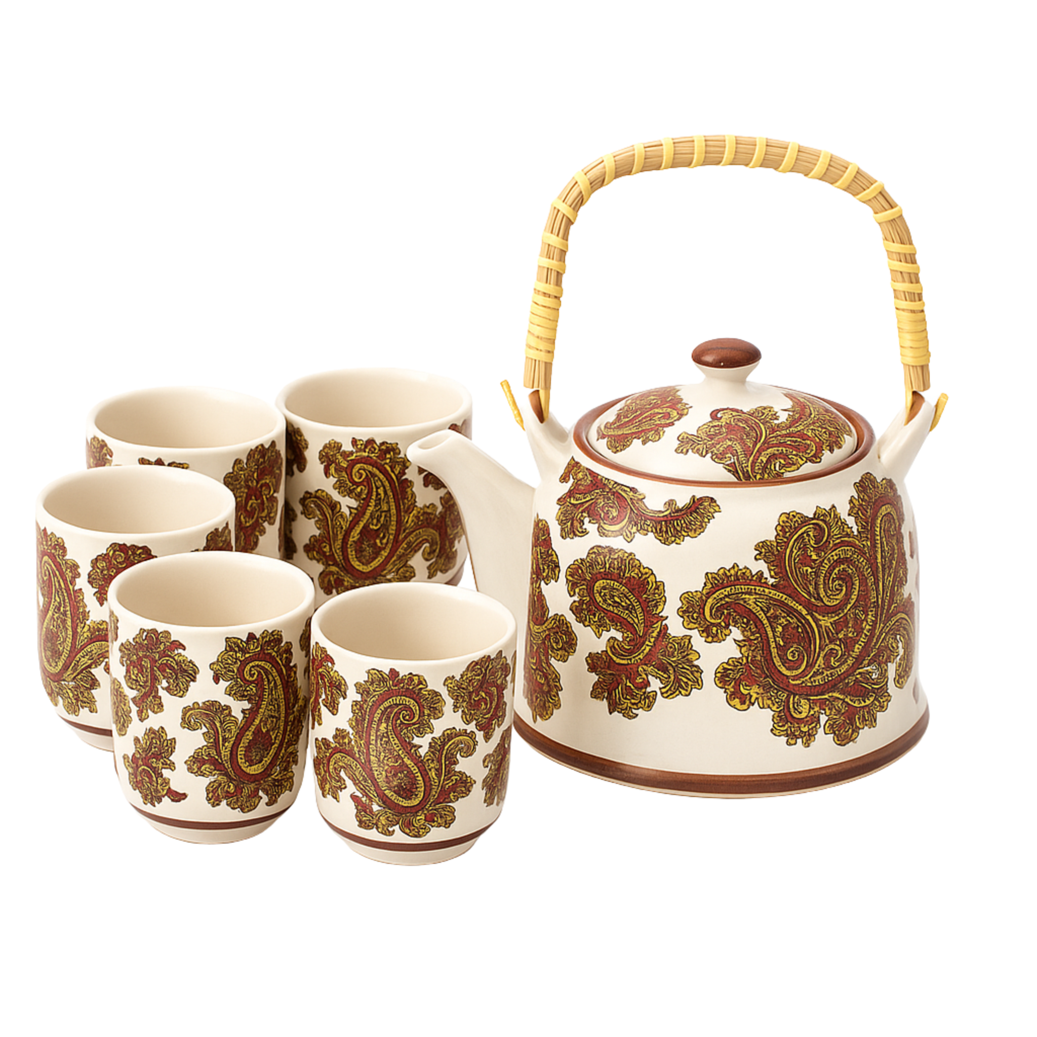 Service à Thé Crème Paisley Or-Rouge – Céramique 7 pièces