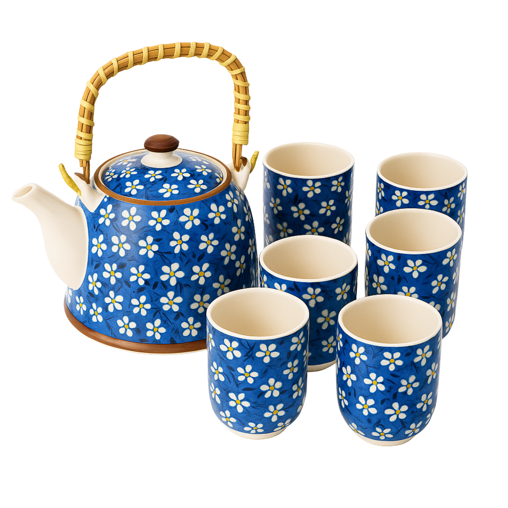 Service à Thé Bleu à Fleurs – Céramique 7 pièces Tunisie