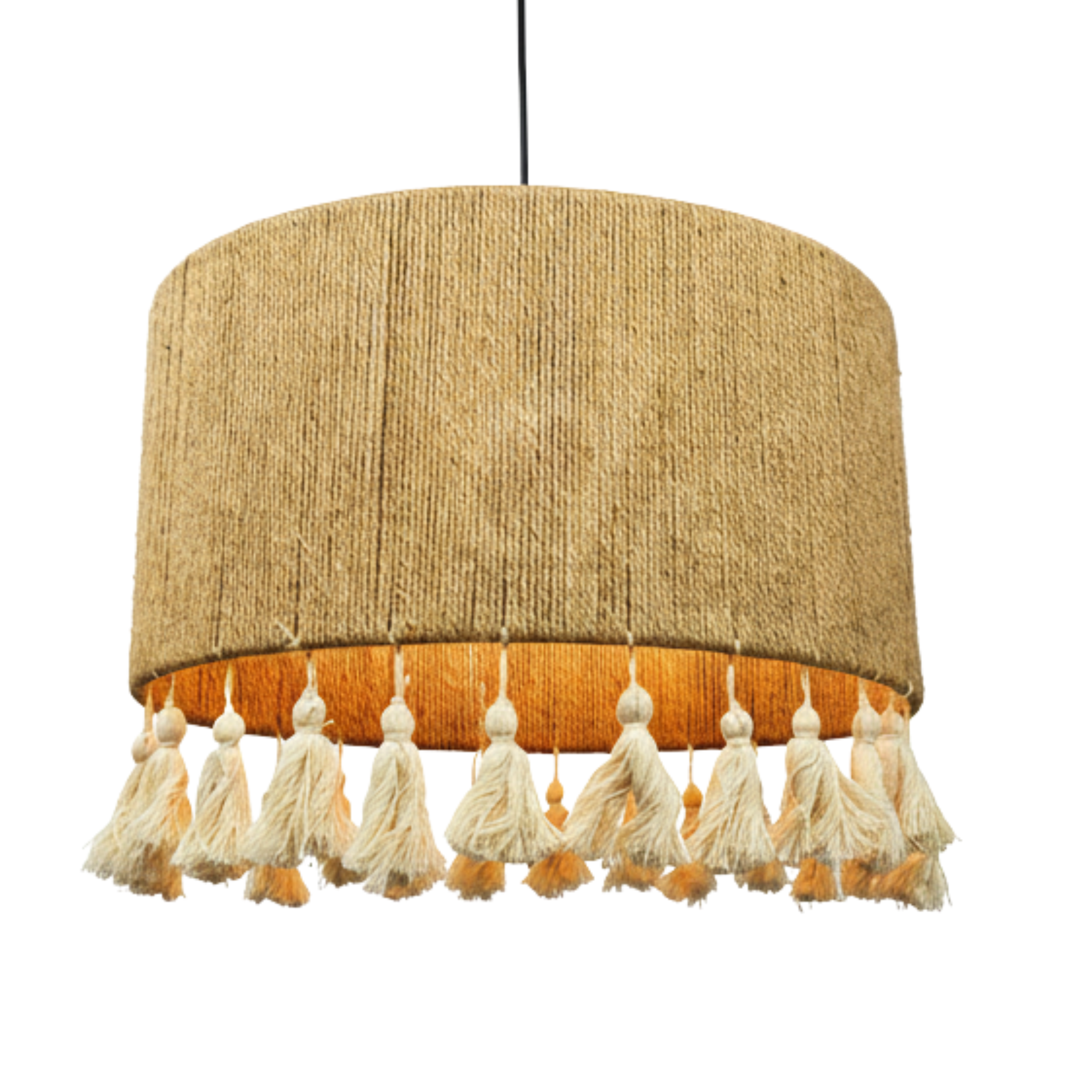 Suspension "Lella" – Lustre Tambour Large en Jute Tressé et Pompons