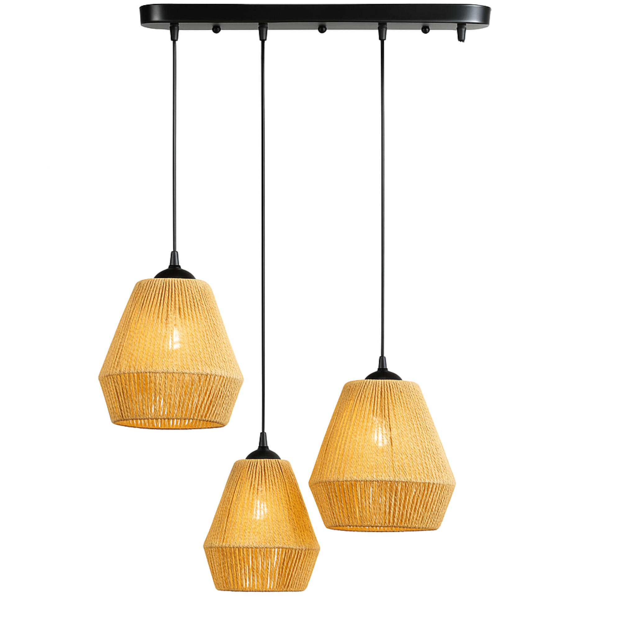 Suspension Barre 3 Lampes "Trio" – Lustre en Jute Tressé pour Îlot