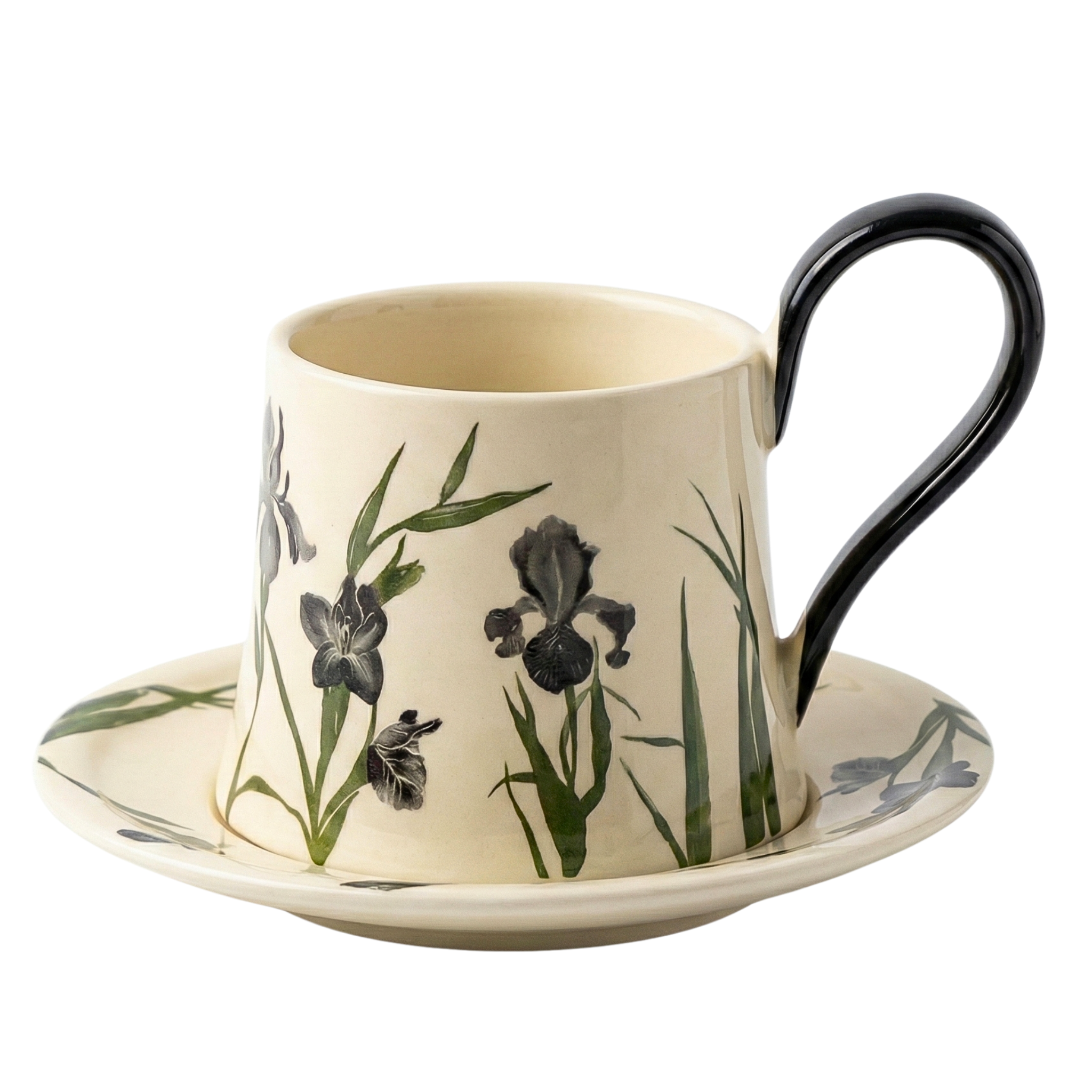 Mug Iris Noir en Céramique avec Sous-Tasse – Élégance Moderne