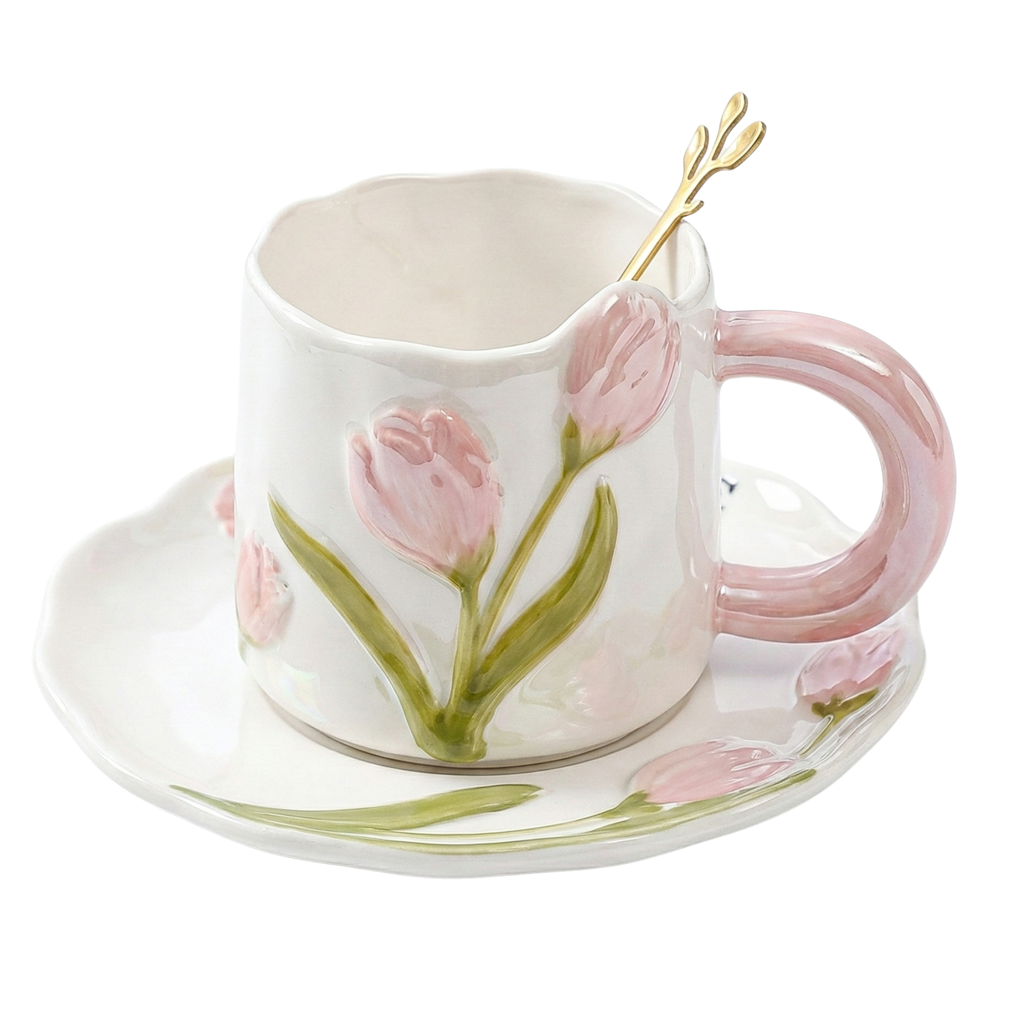 Mug Tulipe Rose en Céramique avec Sous-Tasse – Édition Élégante