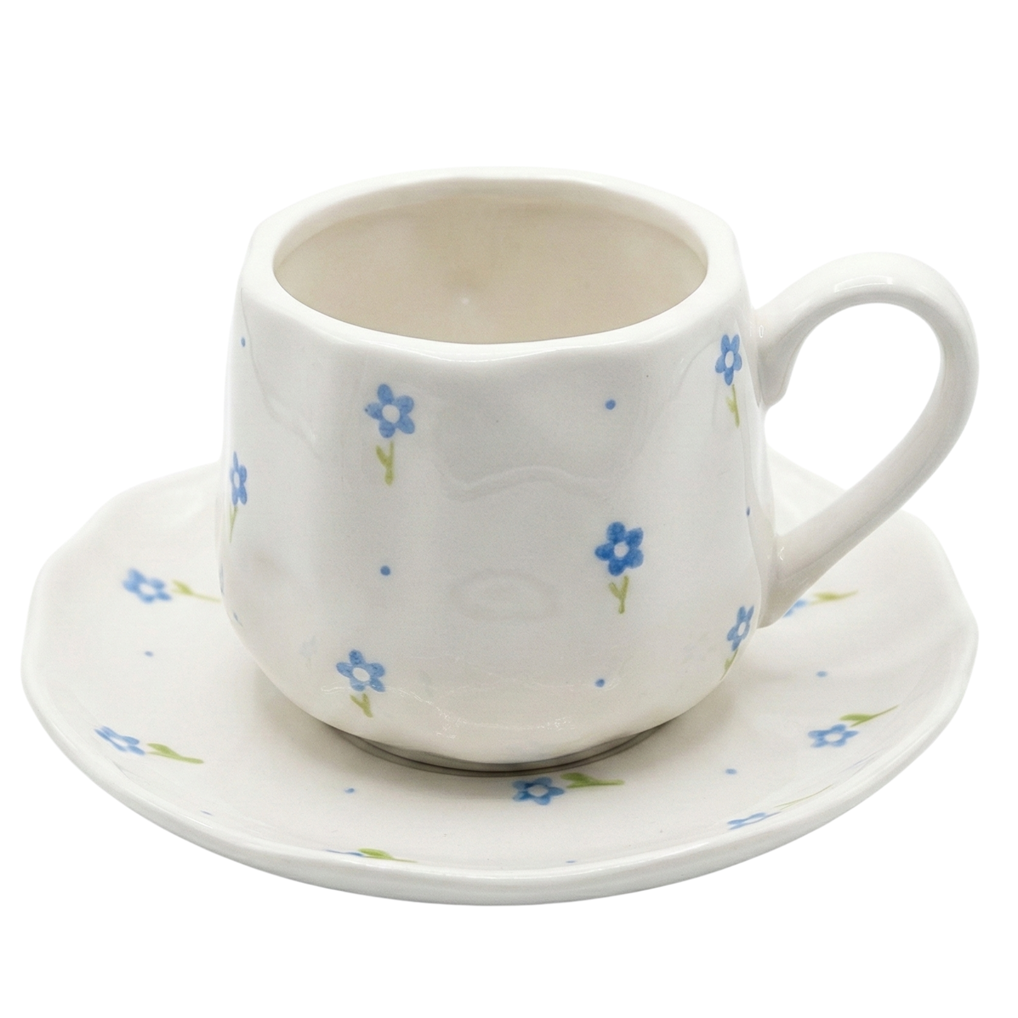 Tasse Céramique Fleurs Bleues & Soucoupe – Design Poétique & Chic
