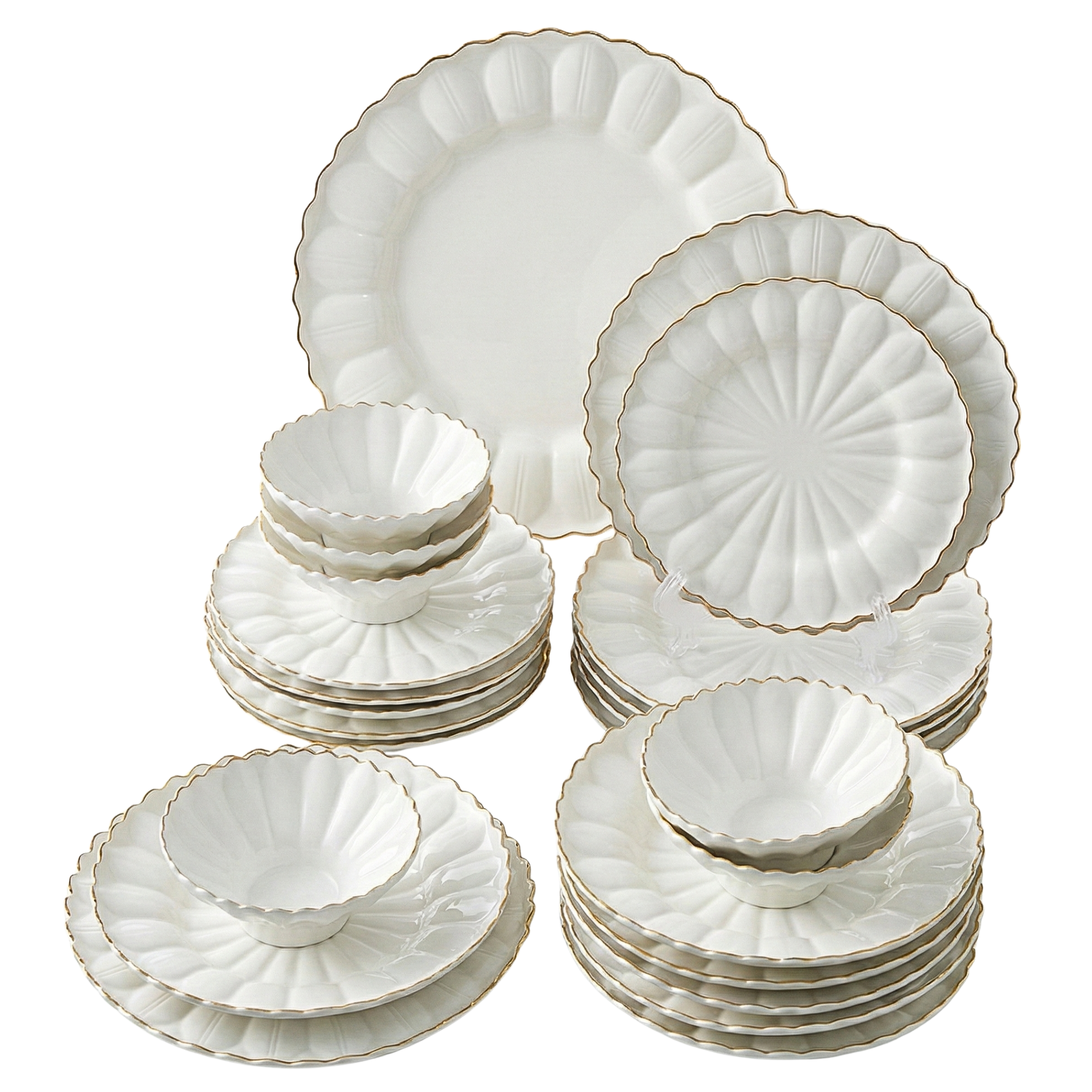 Service de Table 24 Pièces Blanc & Doré – Design Fleur & Liseré Or