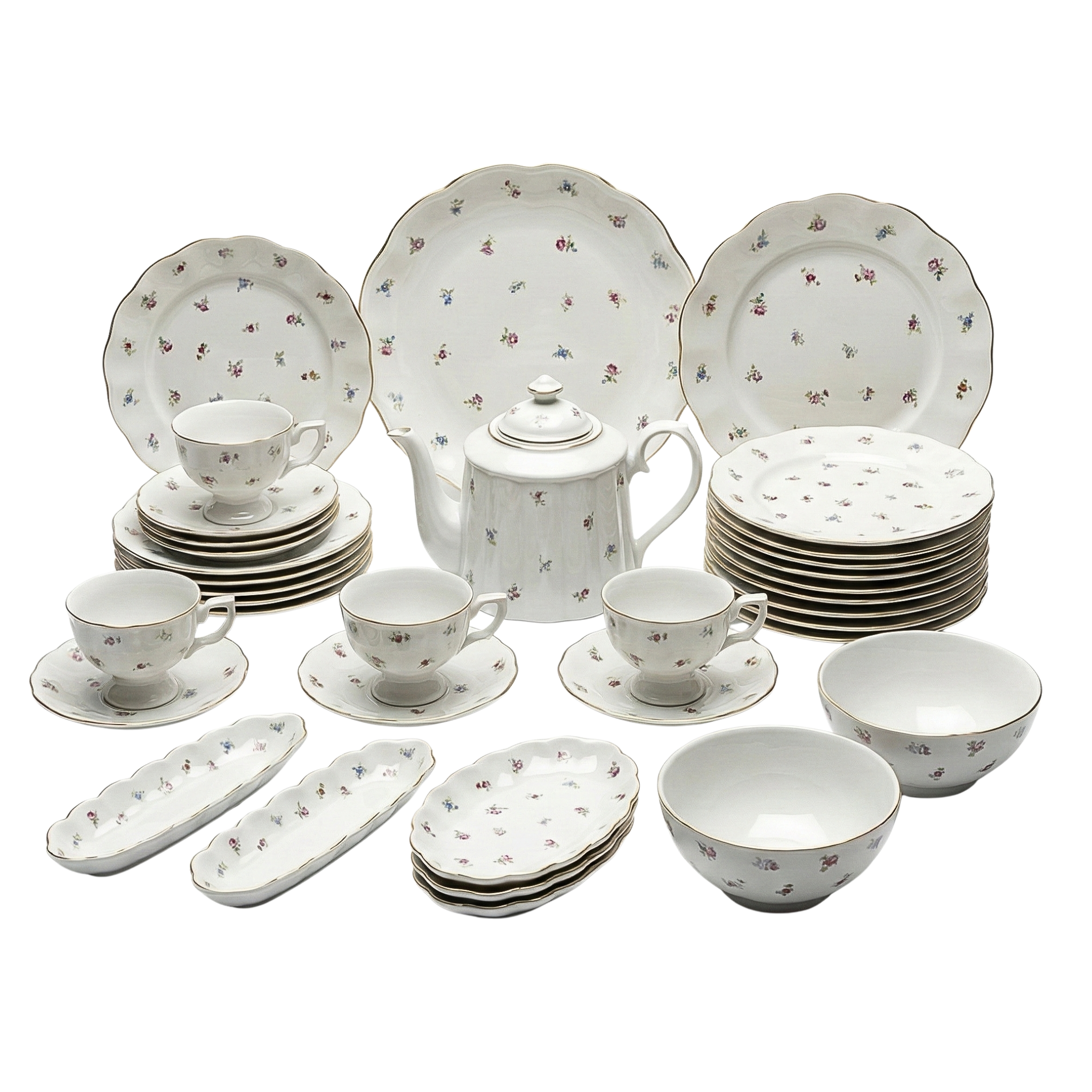 Service Petit Déjeuner 29 Pièces - Porcelaine Motif Floral & Or