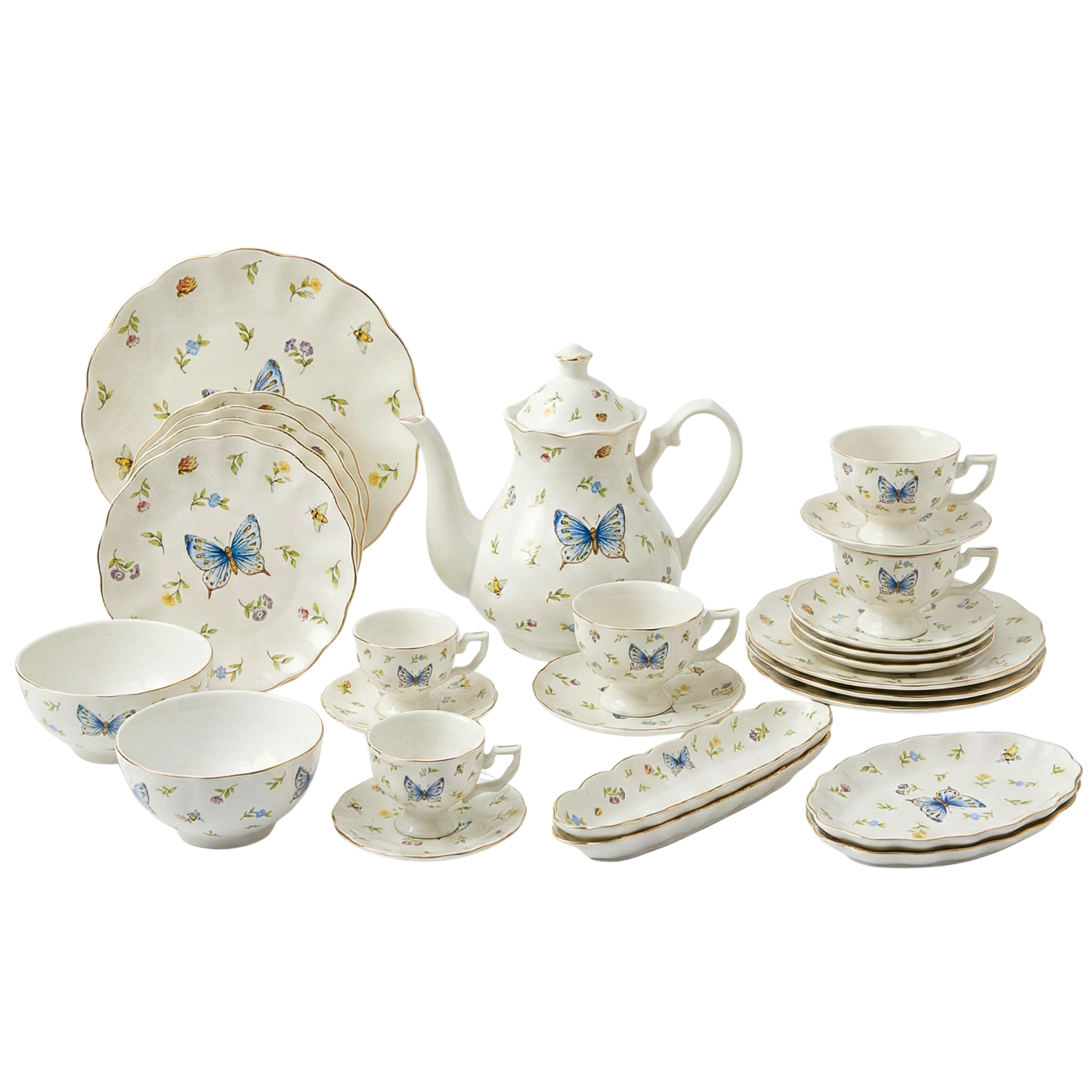 Service Petit Déjeuner Complet 29 Pièces - Porcelaine Motif Papillon