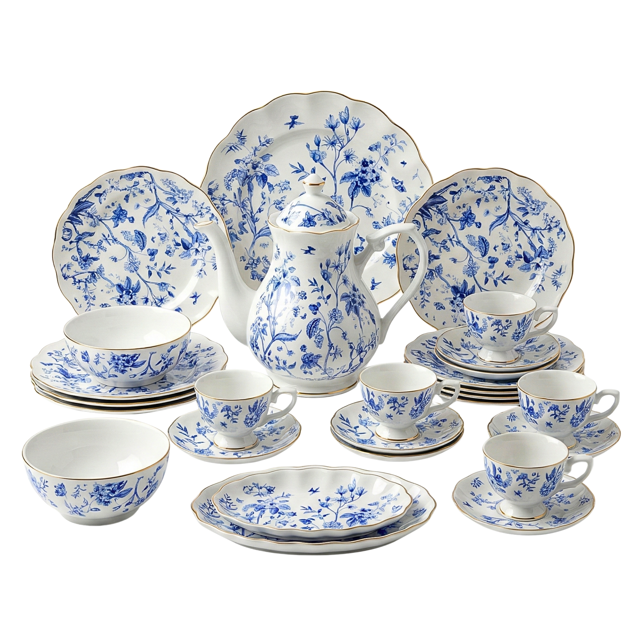 Service Petit Déjeuner 29 Pièces – Porcelaine Bleue & Dorure