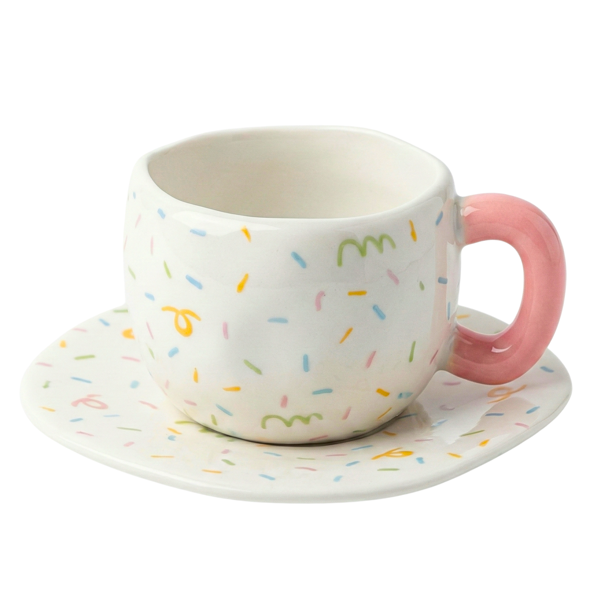 Mug Céramique Confettis & Anse Rose – Tasse Tendance avec Soucoupe