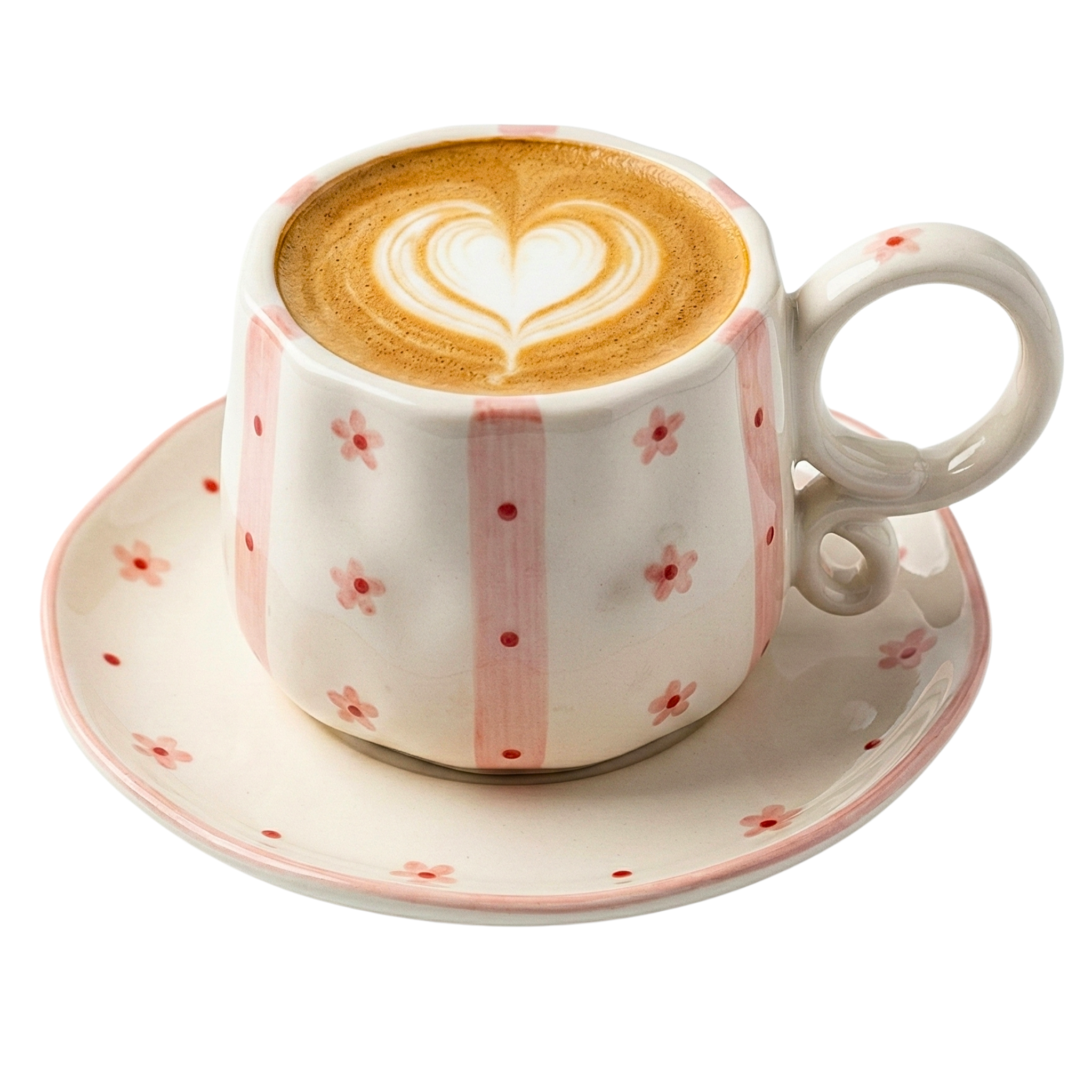 Tasse Céramique Artisanale Motif Floral Rose & Rayures avec Soucoupe