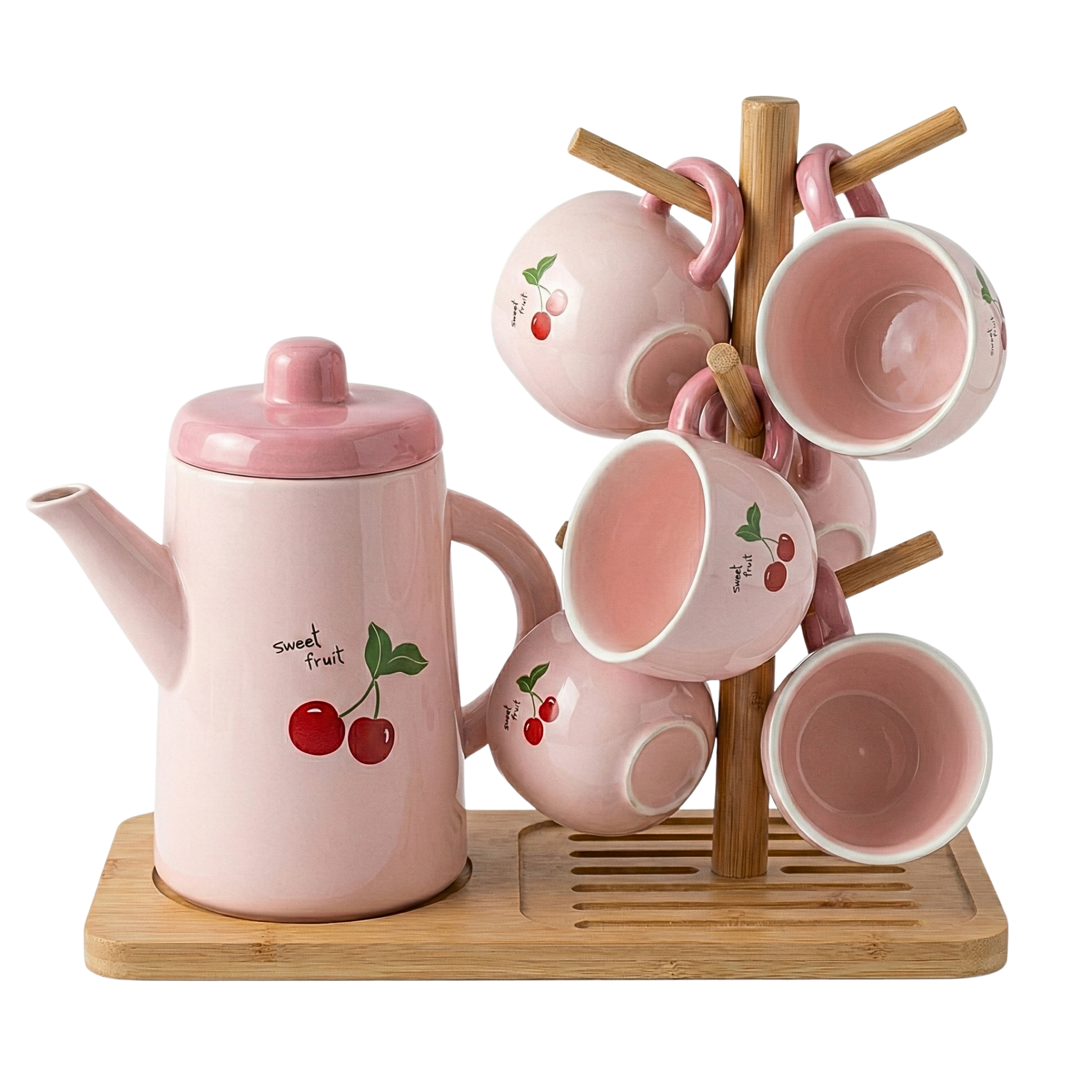 Set Café au Lait 6 Tasses & Pot Céramique Rose Cerise – Support Bois