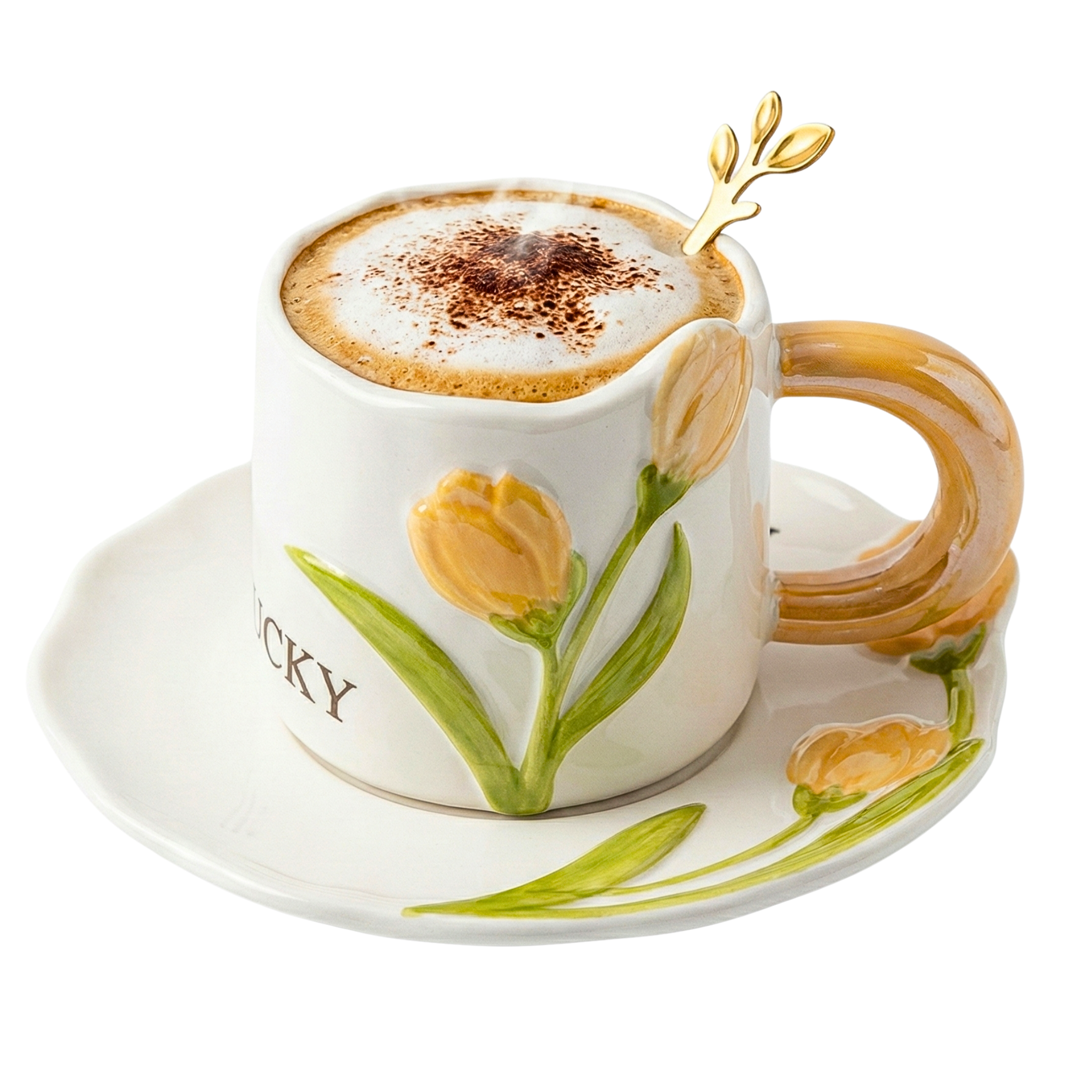 Mug Tulipe "Lucky" en Porcelaine Fine – Service Café au Lait & Soucoupe