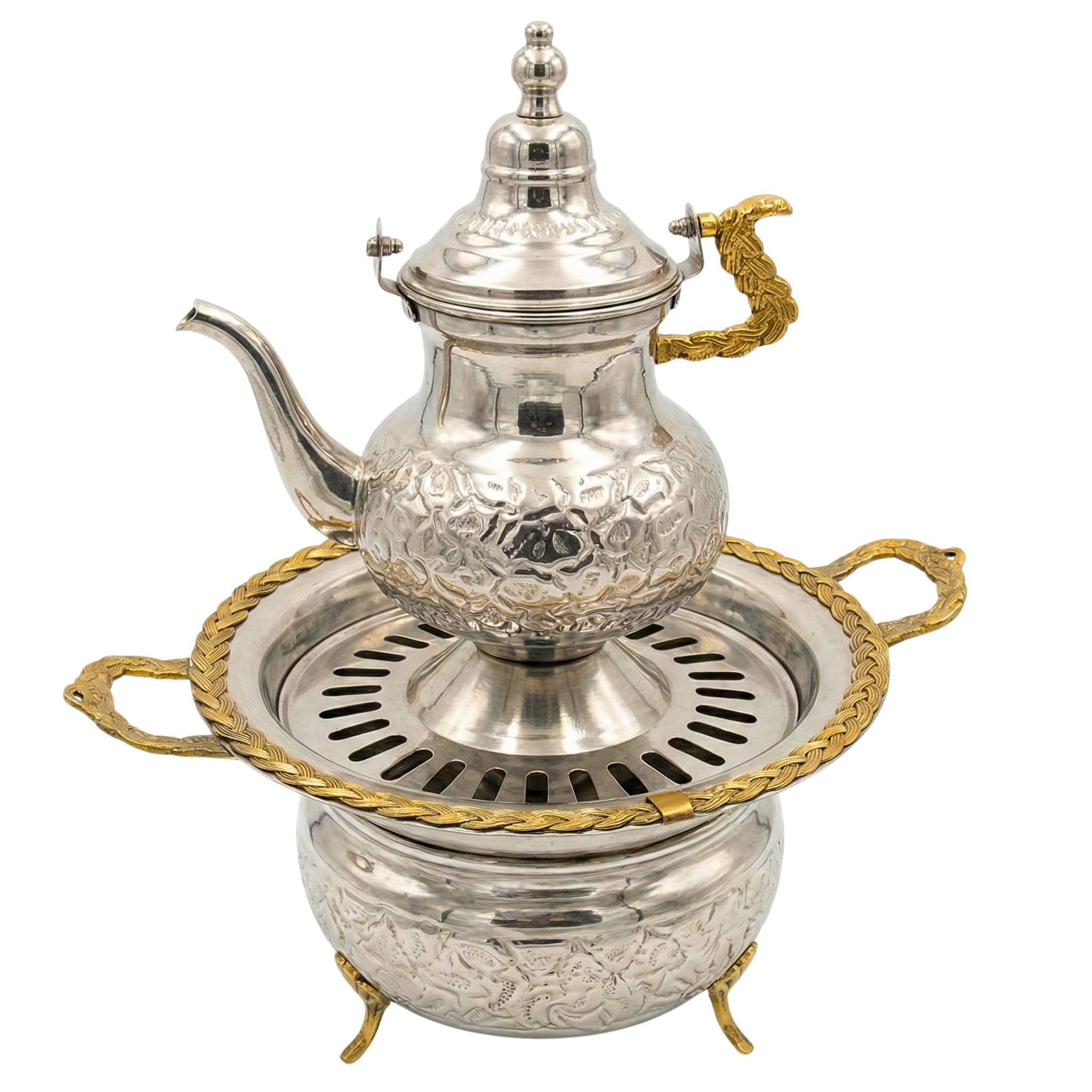 Théière avec Réchaud Kanoun – Cuivre Indien Premium Argenté & Doré