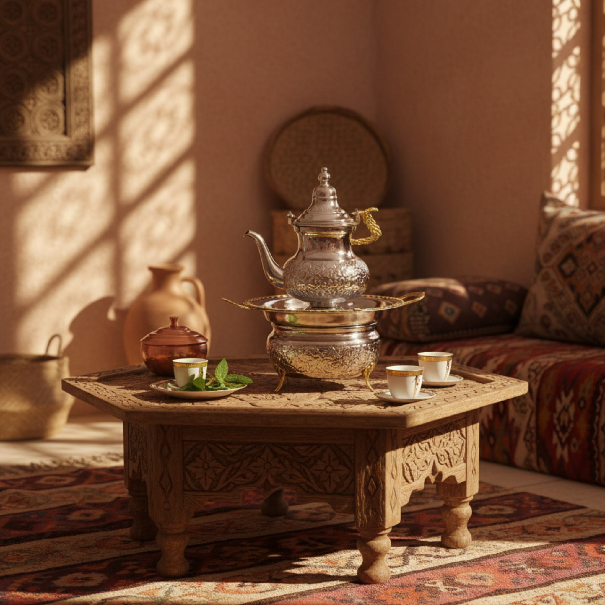 Théière avec Réchaud Kanoun – Cuivre Indien Premium Argenté & Doré