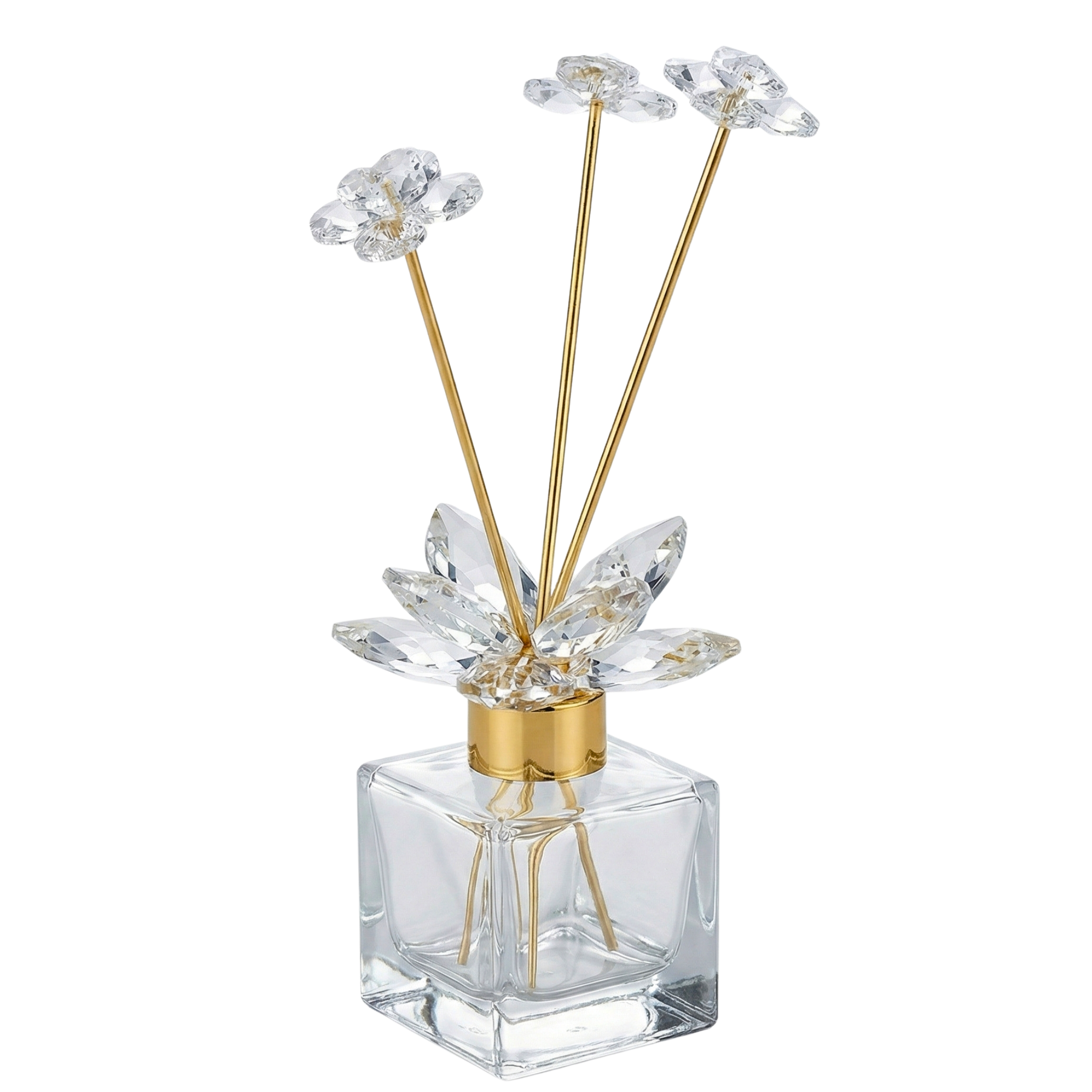 Flacon Diffuseur de Parfum "Fleurs de Cristal" - Rechargeable & Design Doré
