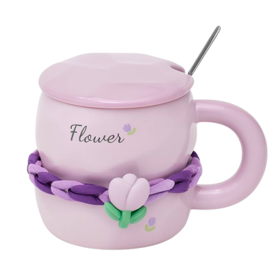 Mug Tulipe Violet 3D en Céramique avec Couvercle & Cuillère - Tendance Lilas