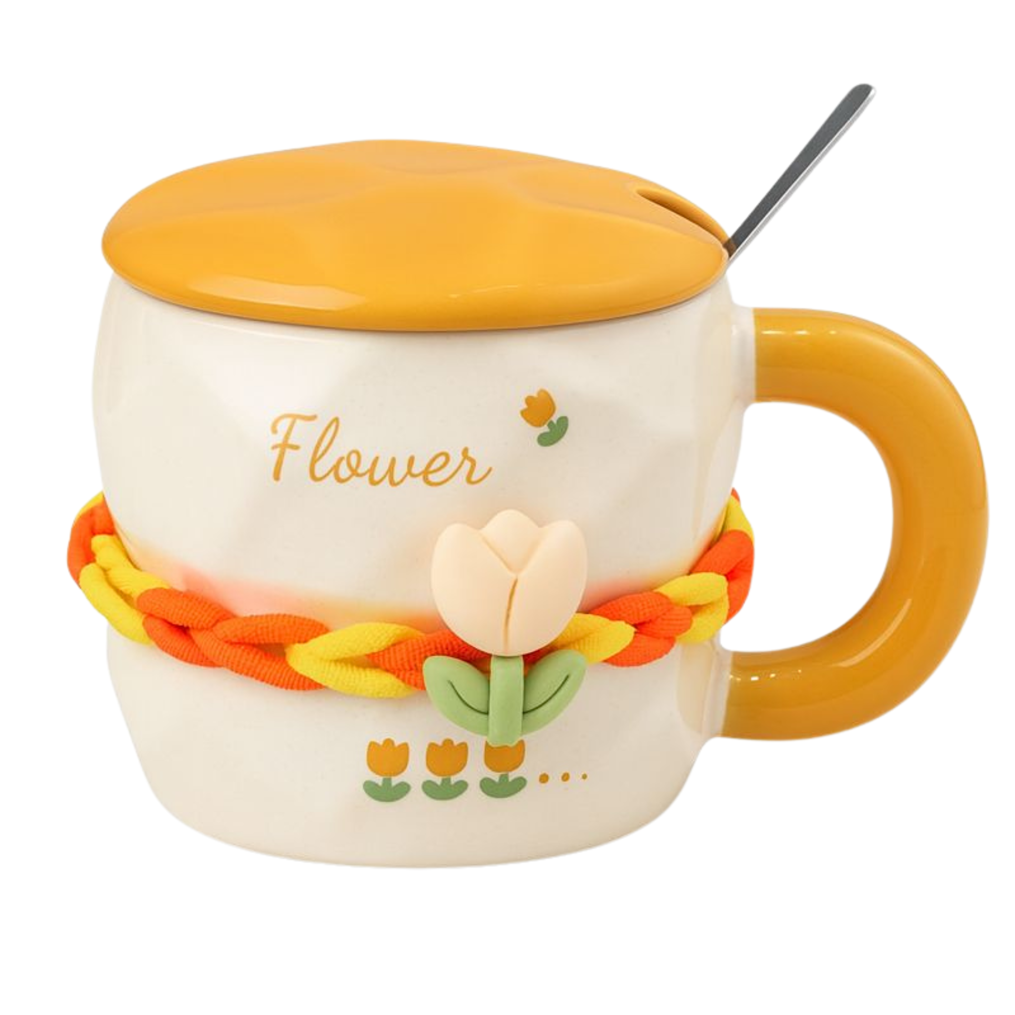 Mug Tulipe 3D en Céramique Jaune avec Couvercle & Cuillère - Design Cute