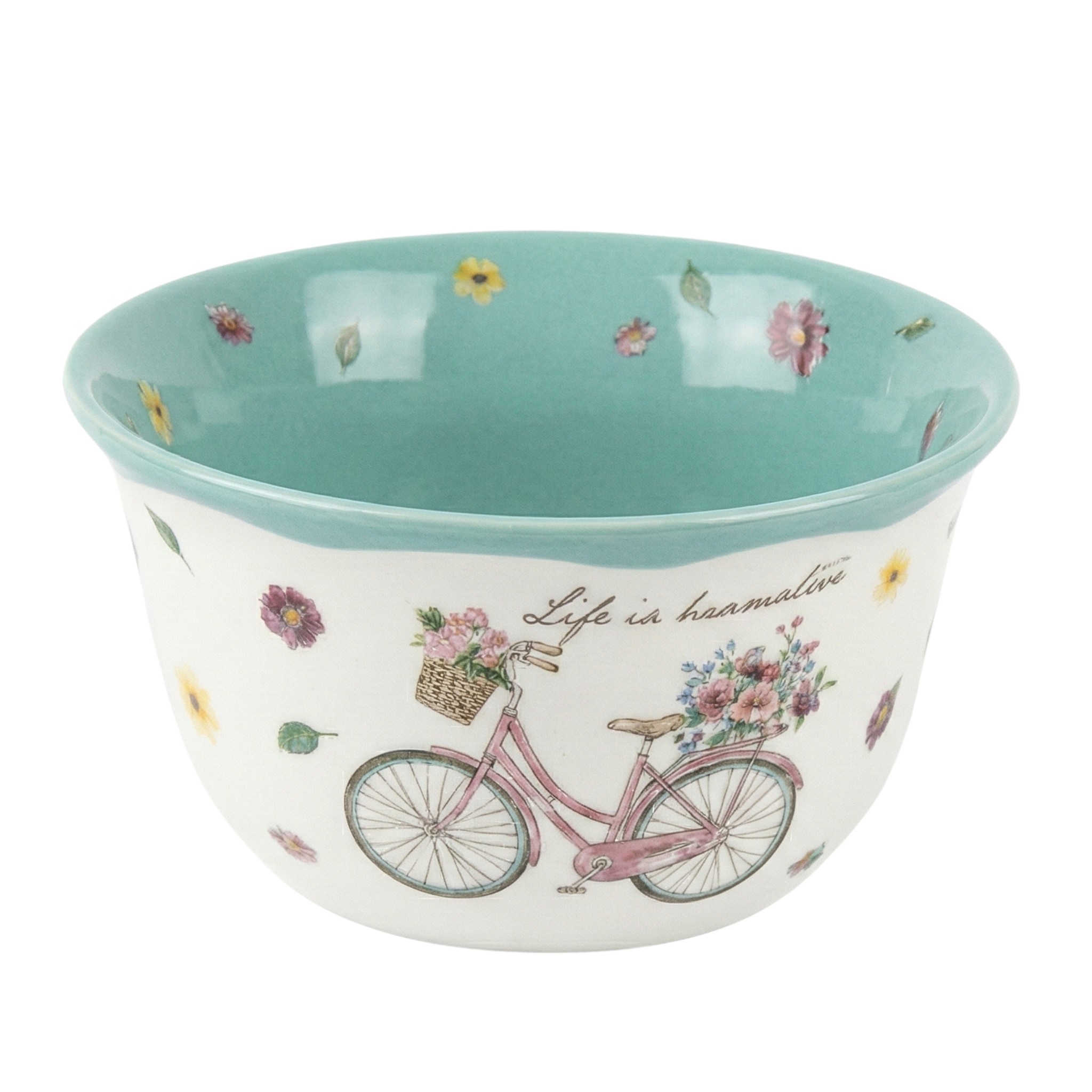 Petit Bol en Céramique Vintage – Motif Vélo Fleuri & Intérieur Turquoise
