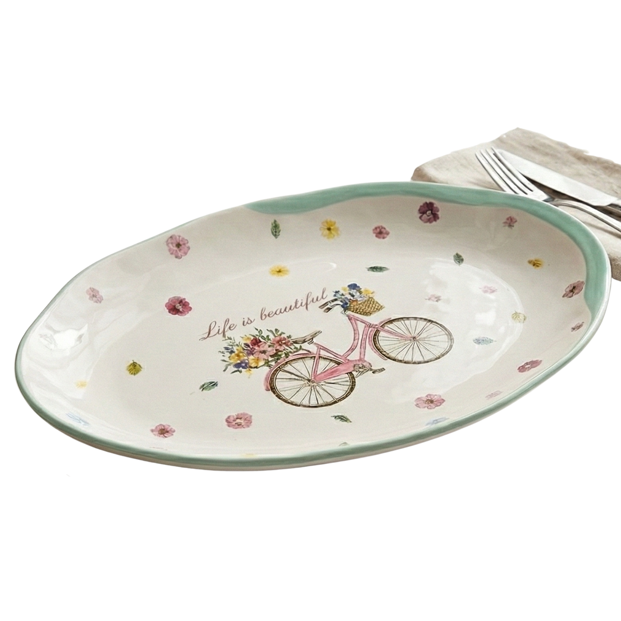 Plat de Service Ovale "Life is Beautiful" – Céramique Vintage & Fleurs